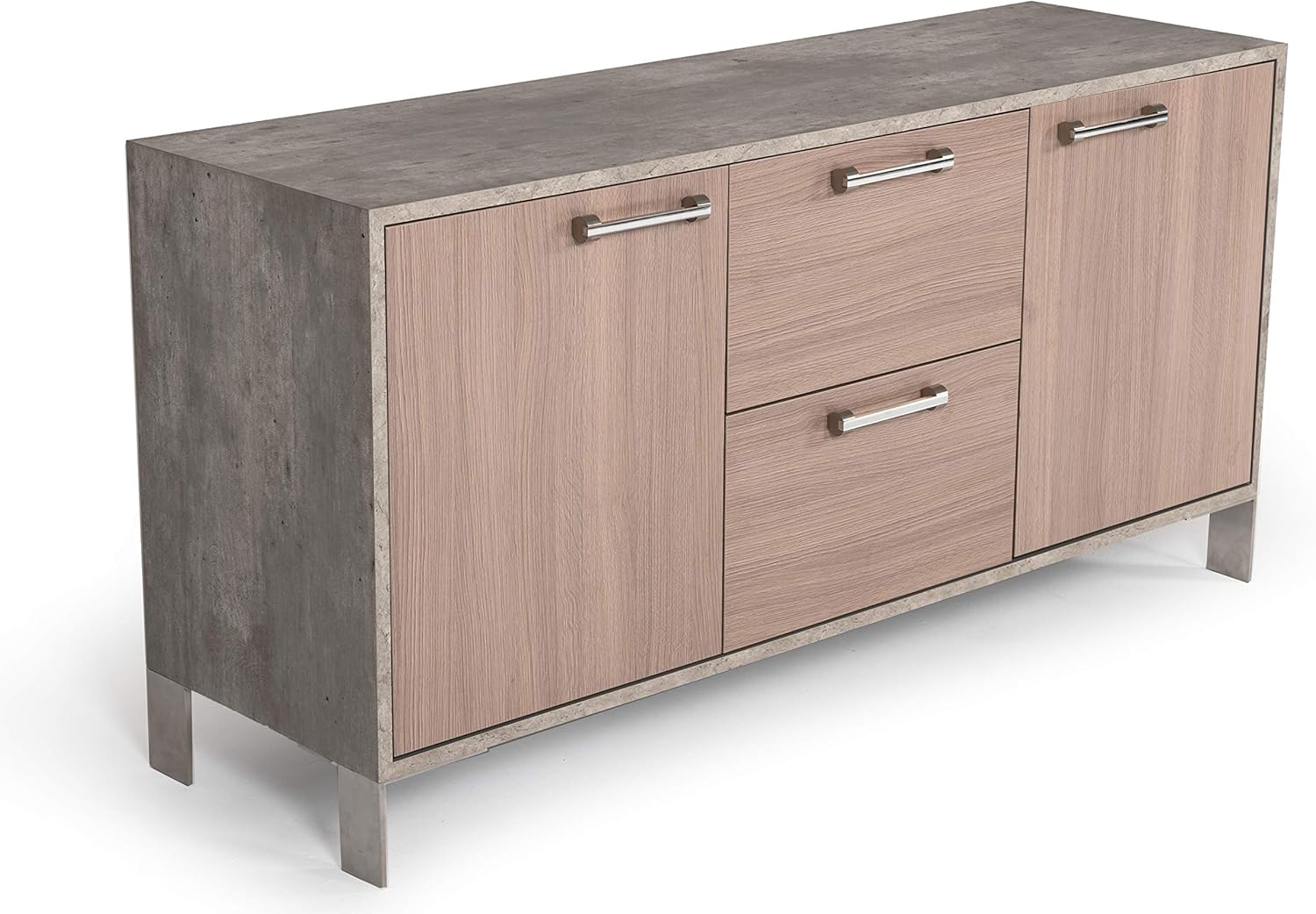 Limari Home Baston Collection Modern Style Oak & Faux Concrete Laminat Home Office File Cabinet With 2 Soft Closing Doors, 2 Drawers, Brushed Steel Legs & Handles, Grey & Brown