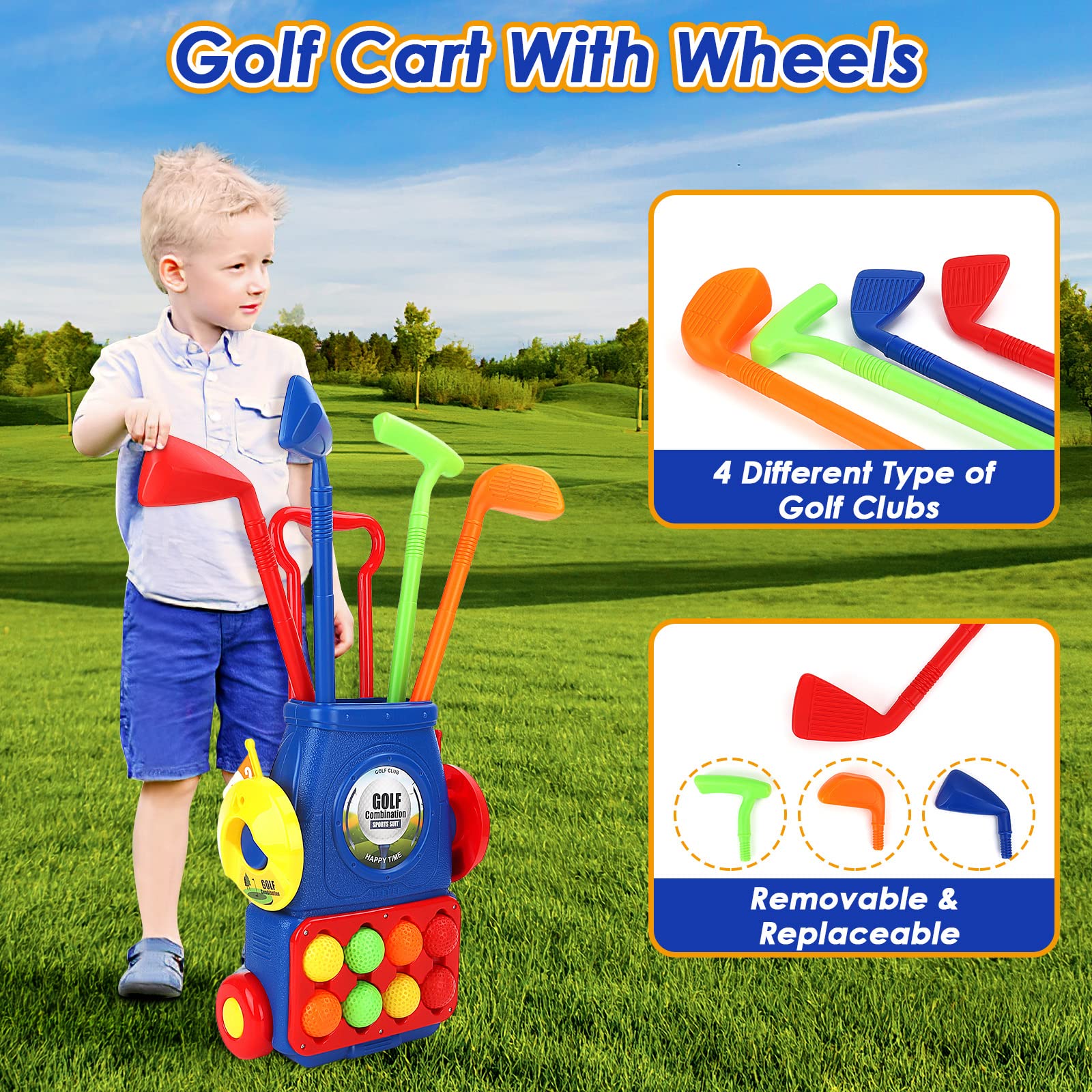 deAO Zestaw golfowy dla maluchów, zabawki do gry w golfa, do użytku wewnątrz i na zewnątrz, z 8 piłkami, 4 kijami golfowymi, 2 otworami treningowymi