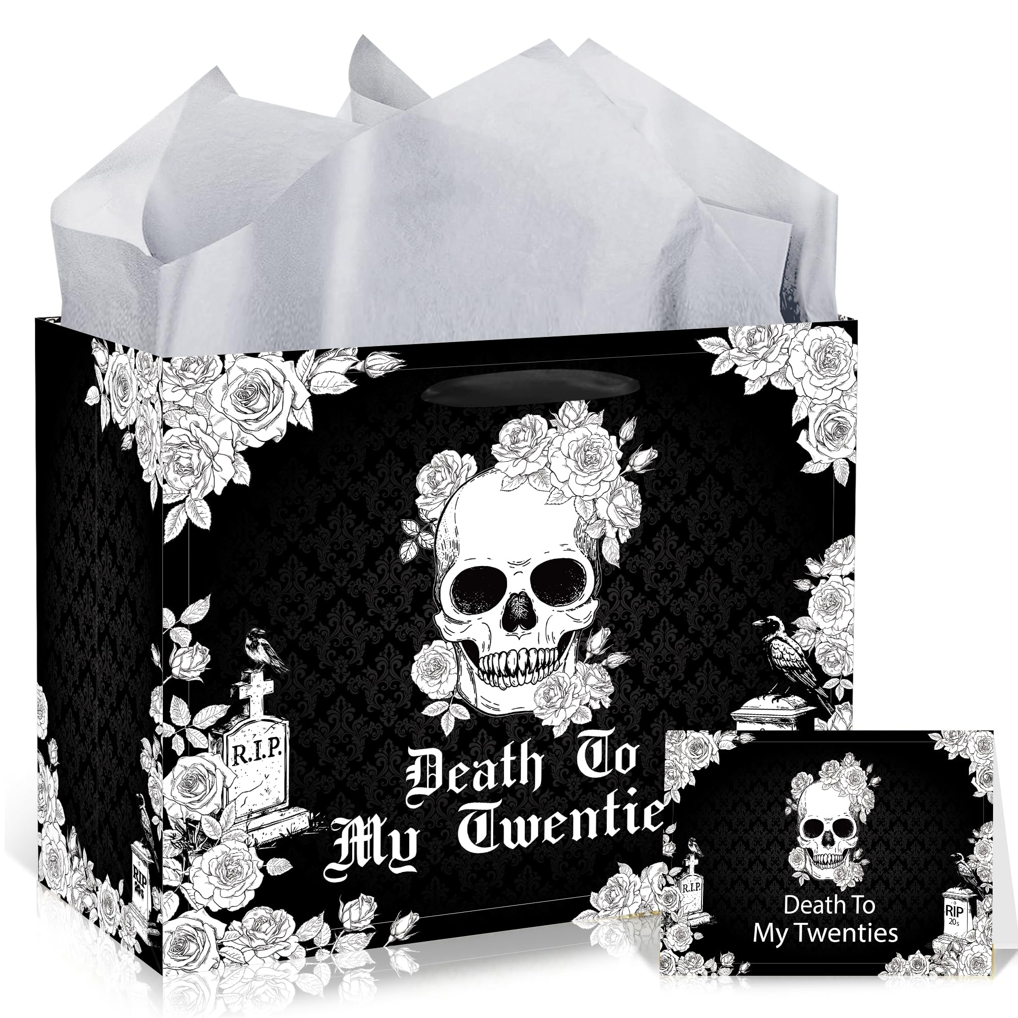 Gothic 30th Birthday Gift Bag, Death To My Twenties Gift Bag with Greeting Card and Tissue Paper, Skull Rose Design, Edgy Vibe for Milestone 30th Birthdays and Punk Themed Parties