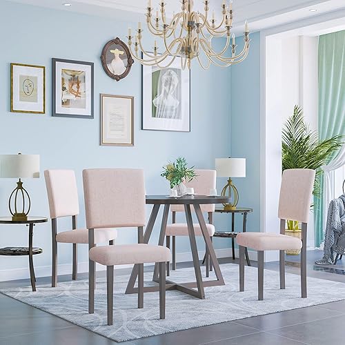 5 Piece Dining Table Set with Round Table and 4 Upholstered Dining Chairs, Mid-Century Wooden Kitchen Dining Table Set for Small Places (Gray Table + Beige Chair)