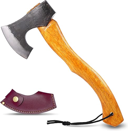 Hacha de camping, hacha de acero forjado de 15.6 pulgadas con funda de cuero, hacha barbuda con mango de haya, hacha al aire libre para división de