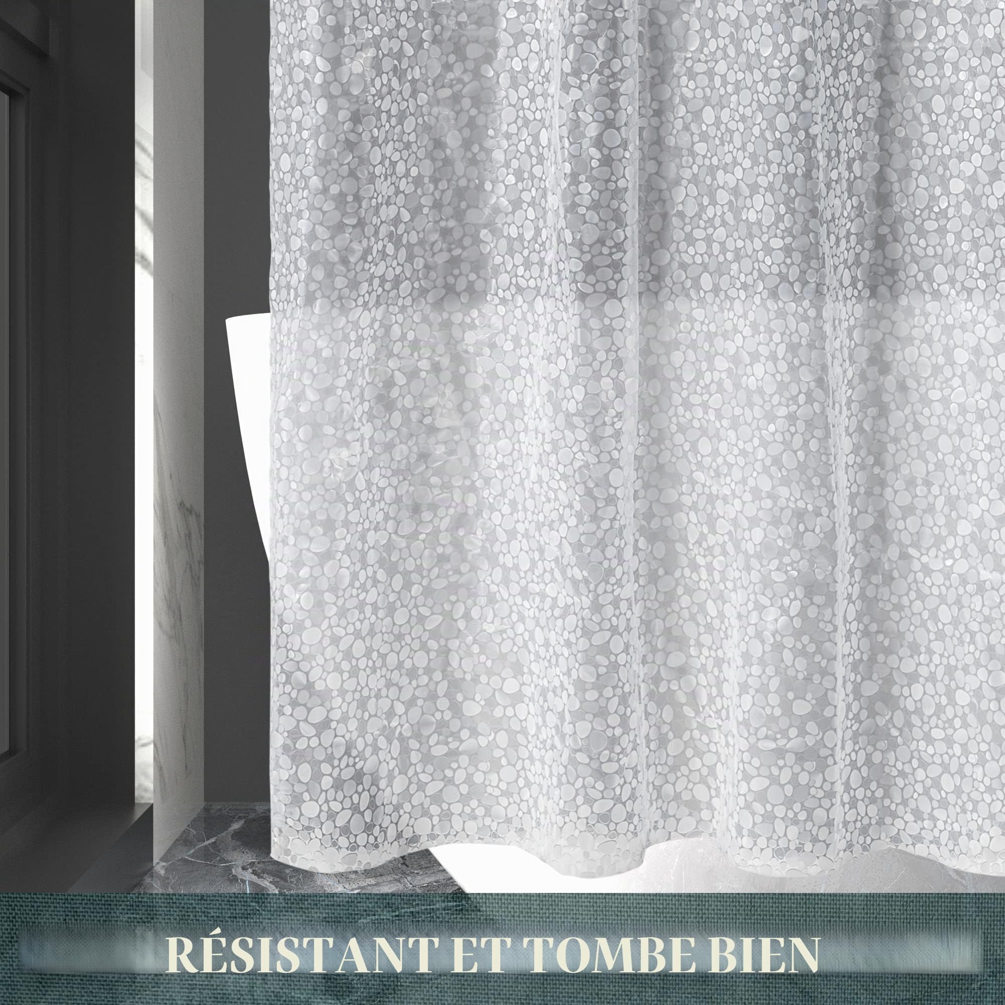 Rideau de douche ou doublure en PEVA sans crochet très résistant 8G, sans crochets nécessaires, en plastique imperméable sans PVC, taille standard 180 x 188 cm, motifs galets