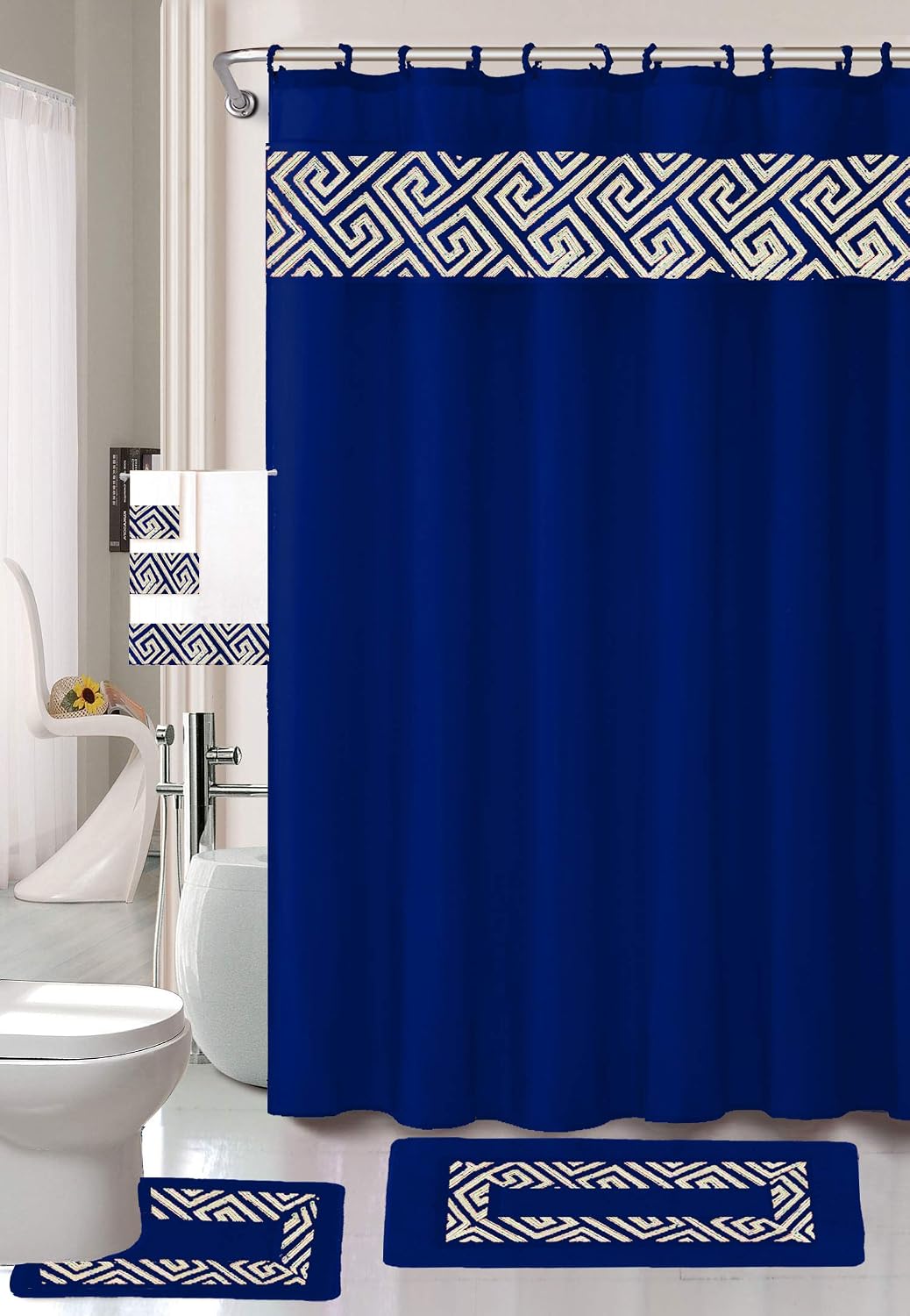 Luxury Home Collection 18 Piece Embroidery Non-Slip Bathroom Rug Set Set Includes Bath Rug Mat, Contour Mat, Shower Curtain, Towels, and Hooks (Navy Blue)