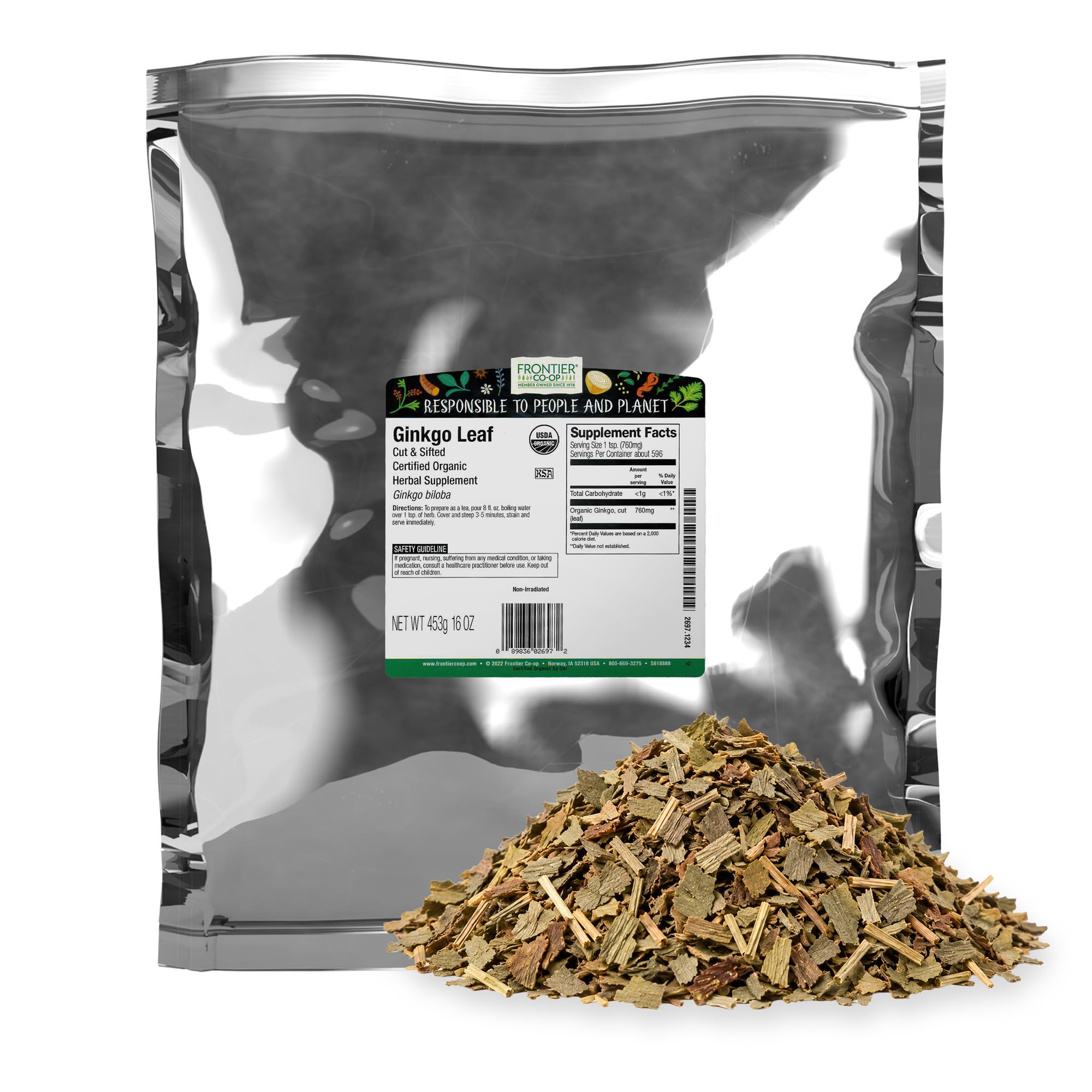 Frontier Co-op Organic Ginkgo Leaf, 1lb Bulk Bag, Cut and Sifted | Dried Ginkgo Biloba Leaf | Ideal für Tee und Kräuter, Kosher