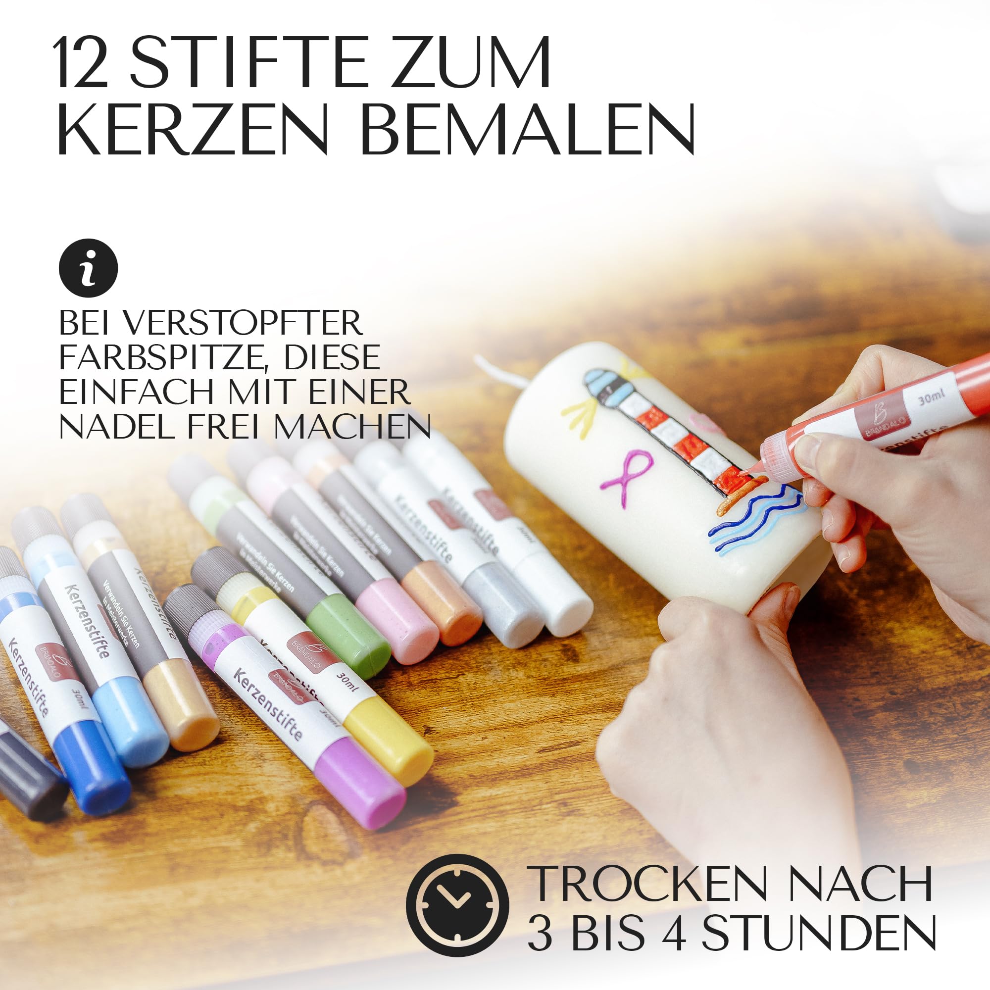 Brandalo® Kerzenstifte Set 12x30ml, Kerzen bemalen & verzieren, Wachsstifte