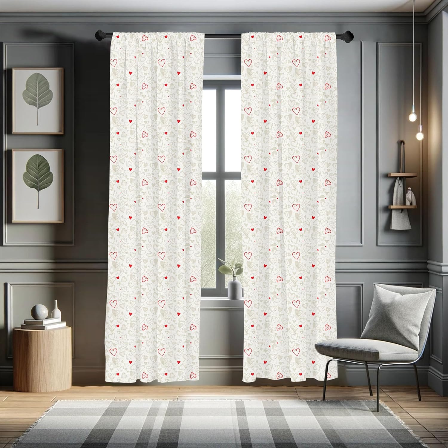 Lunarable Hearts Curtains, Sketch Style Valentines Day Contrasting Colors Various Motifs Love Theme, Window Treatments 2 Panel Set for Living Room Bedroom, Pair of - 28" x 63", Grey White