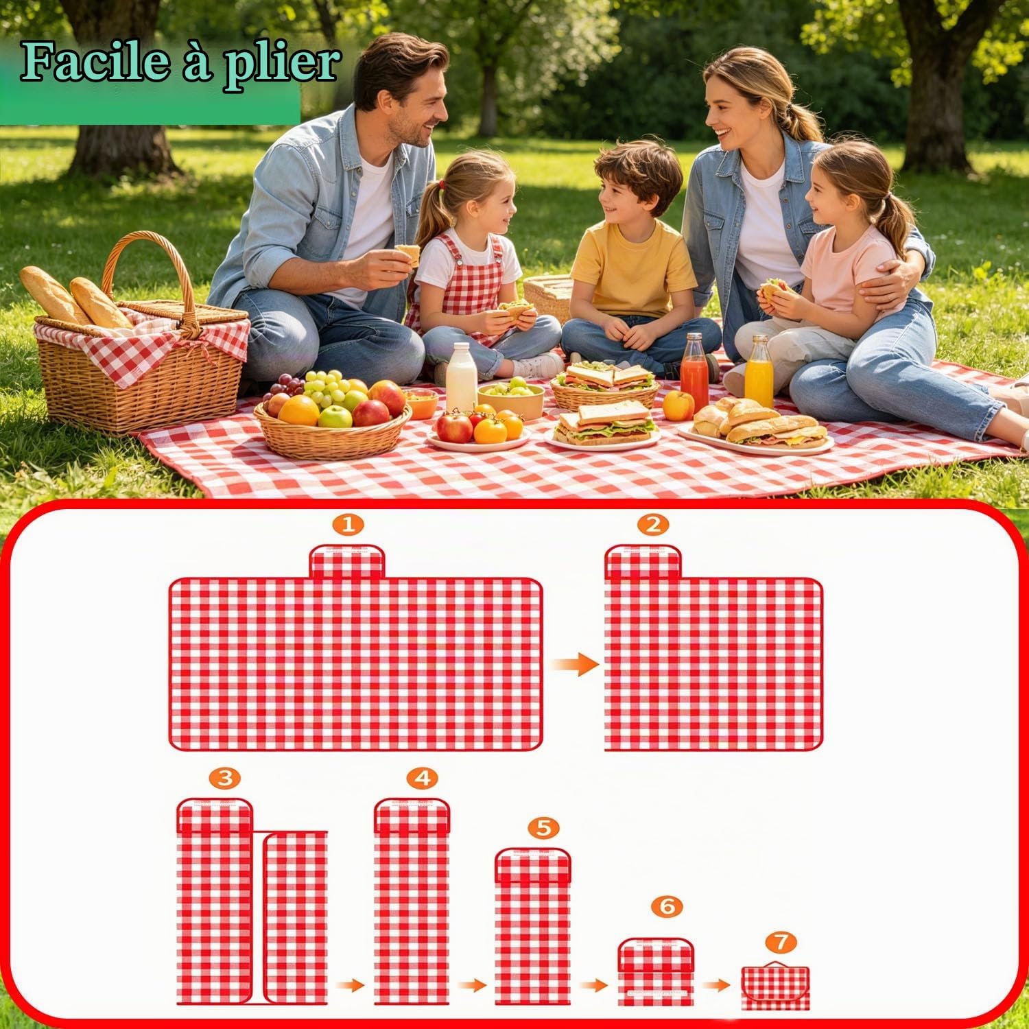 Nappe Pique Nique 200 * 200CM Grande,Couverture Pique Nique Rouge Pliable avec Poignée,Tapis Pique Nique Lavable en Machine pour la Randonnée Voyage Camping en Plein Air,Parc,Jardin,Plage,Camping