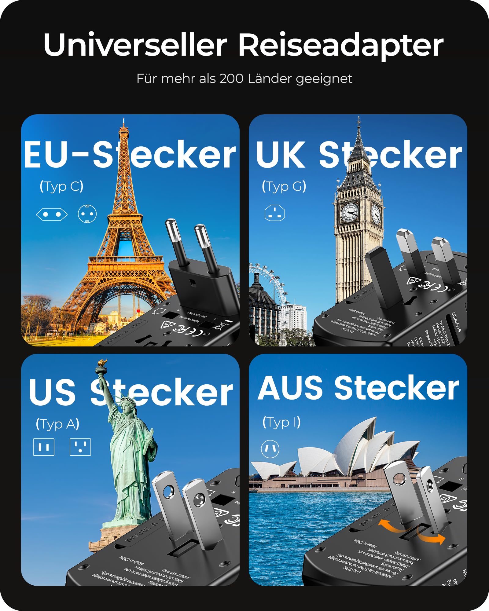 LENCENT Reiseadapter Weltweit, Universal Reisestecker Weltreise Adapter mit 2 USB A und 2 USB C, Internationaler Steckdosenadapter für Japan Thailand USA England Australien(Typ A/B/G/I/D/I/L/M/N)