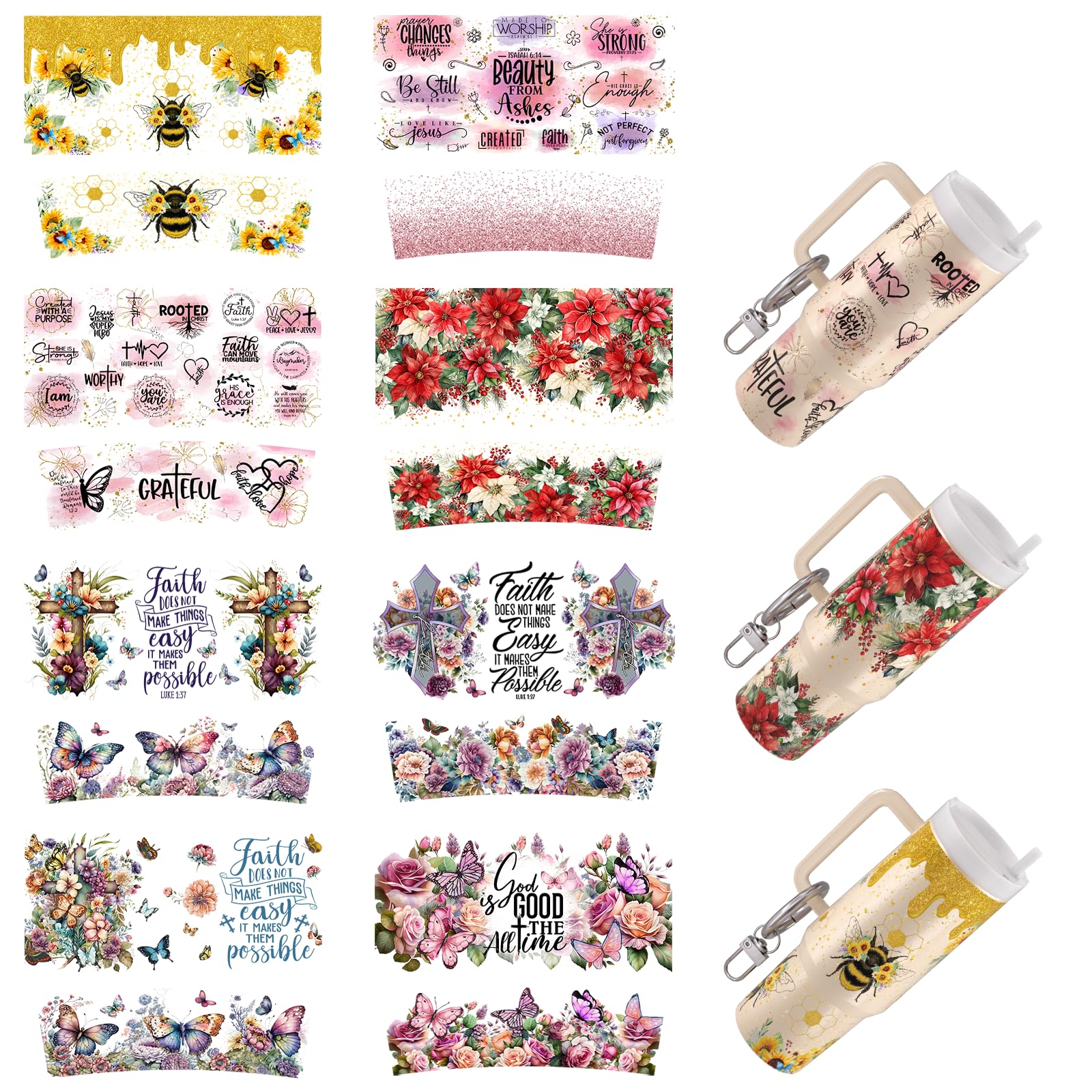 8pcs Flower UV DTF Cup Wrap Transfer Paper for Cup Type Keychains, DIY Crafts, Key Rings for DIY Creativity UV DTF Cup Wrap (Christian Flower)