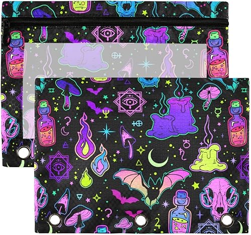 Funny Bright Witchy Elements1 - Estuche para lápices de 3 anillas, paquete de 2 unidades, estuche de plástico transparente impermeable con