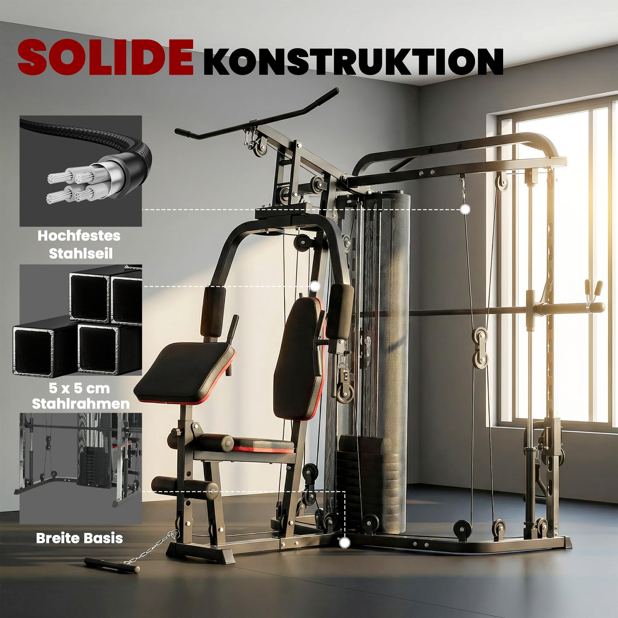 SPORTNOW Station de musculation avec poids de 65 kg, barre de traction à latte, barre papillon, banc de préacher, banc de musculation des jambes, appareil multifonction Smith Machine Multistation