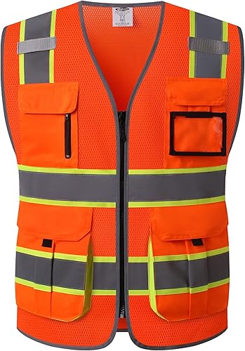 JKSafety Chaleco de seguridad clase 2 con cierre de cremallera al frente y 7 bolsillos, alta visibilidad con correas reflejantes, cumple con las