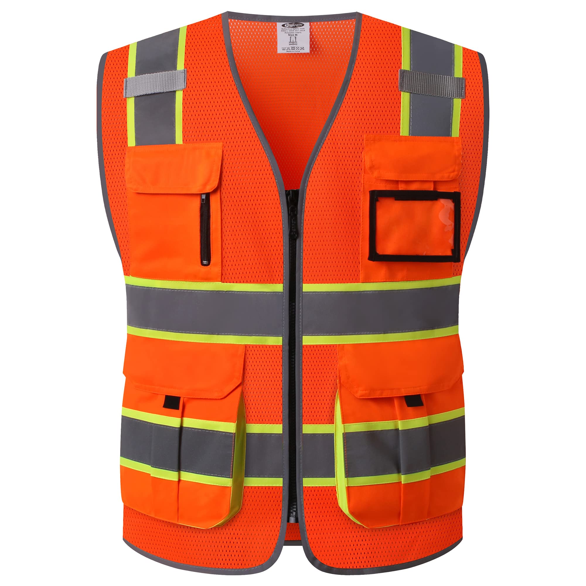 JKSafety 9 Pockets Hi-Vis Mesh Safety Vest for men and women | Chaleco reflectante de seguridad | Zipper Front | Multiple Pockets | Class 2 (140-