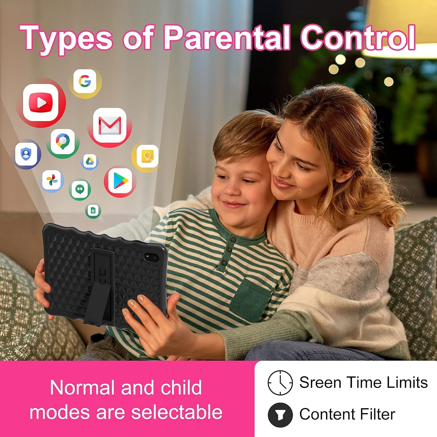 Tablet screen showing parental control options like screen time limits and content filter