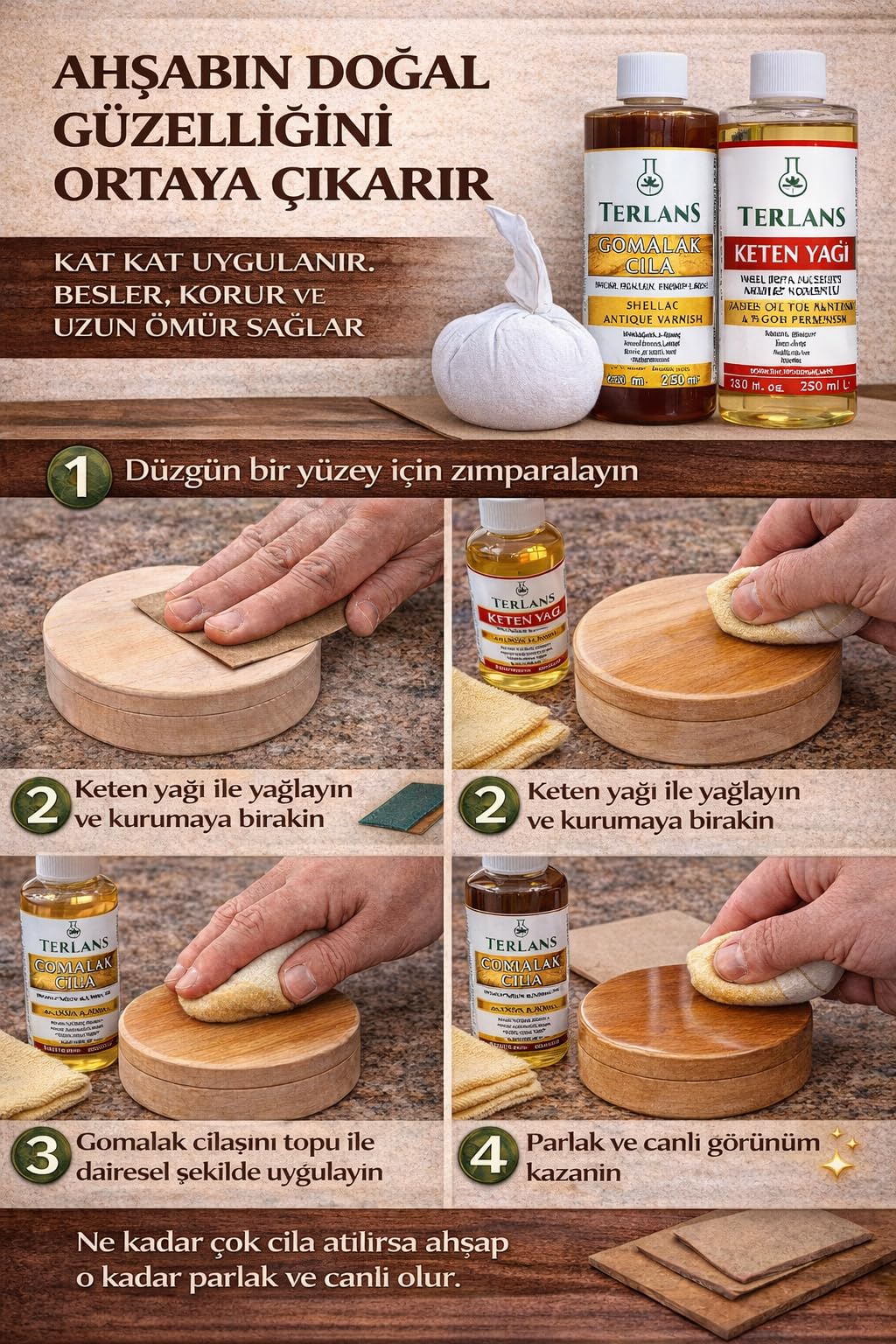 Terlans Doğal Ahşap Cila Seti Gomalak + Keten Yağı + Sürme Topu + Süngerli Zımpara