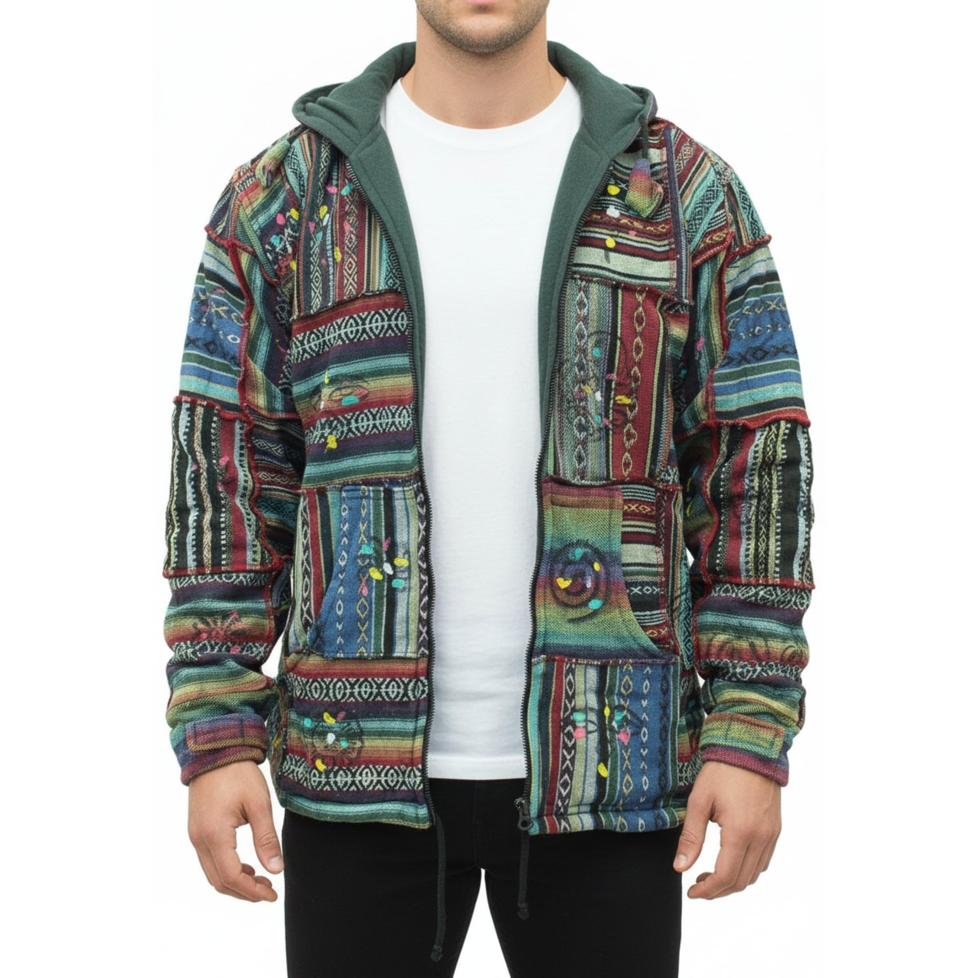 Shopoholic Fashion Men's Multicolor Patchwork Festival Hippie Cotton Fleece Lined Boho Zip Up Hoodie Winter Jacket (Multi, Xl)