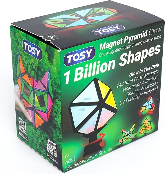 TOSY Magnet Pyramid Glow - 1 Cube Transforms into 1 Billion Shapes (Bunny, Egg, Flowers, Hearts), Easter Basket Stuffers Gift, 12 pcs, 243 Magnets, Glowing, Holographic Design, Puzzle/STEM Toy - 1