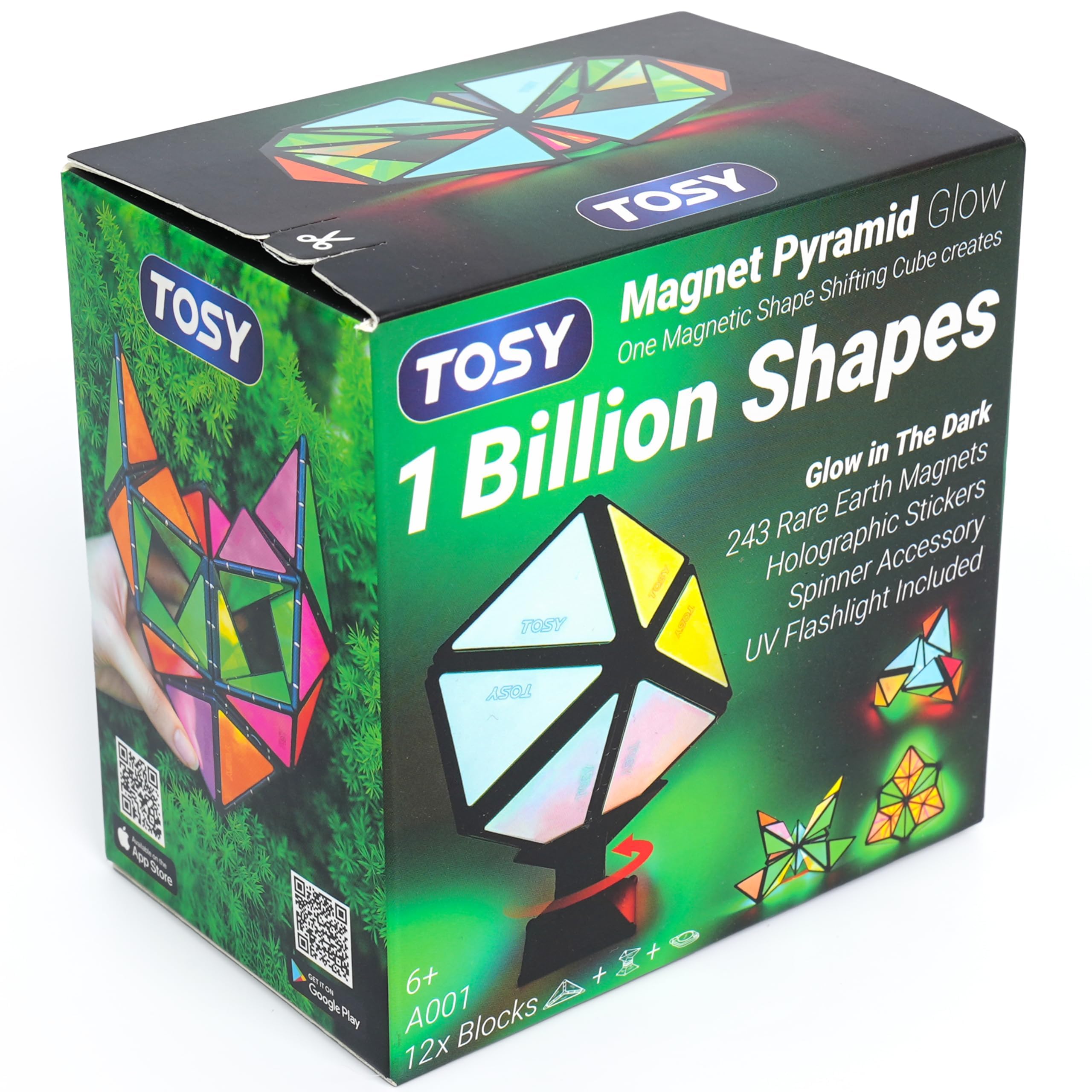 TOSY Magnet Pyramid Glow - 1 Cube Transforms into 1 Billion Shapes (Bunny, Egg Basket, Flowers, Heart), Easter Birthday Gift, 12 pcs, 243 Magnets, Glowing, Holographic Design, Puzzle/STEM Toy