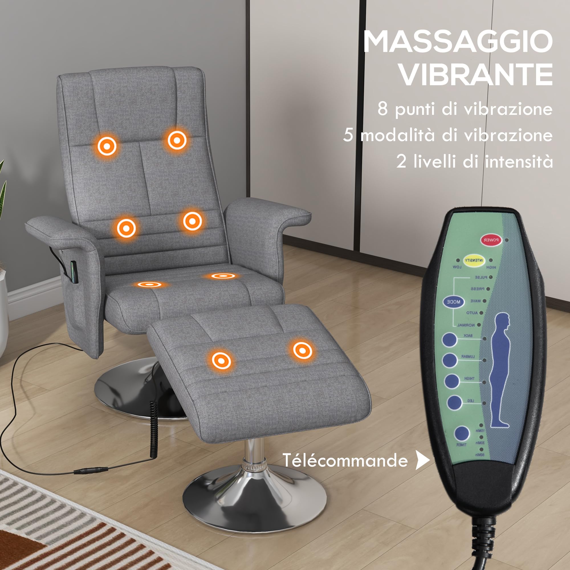 HOMCOM Poltrona Massaggiante a 8 Punti e Reclinabile con Telecomando e Poggiapiedi, Poltrona Relax in Acciaio e Tessuto Effetto Lino, 78x90x93 cm, Grigio Scuro