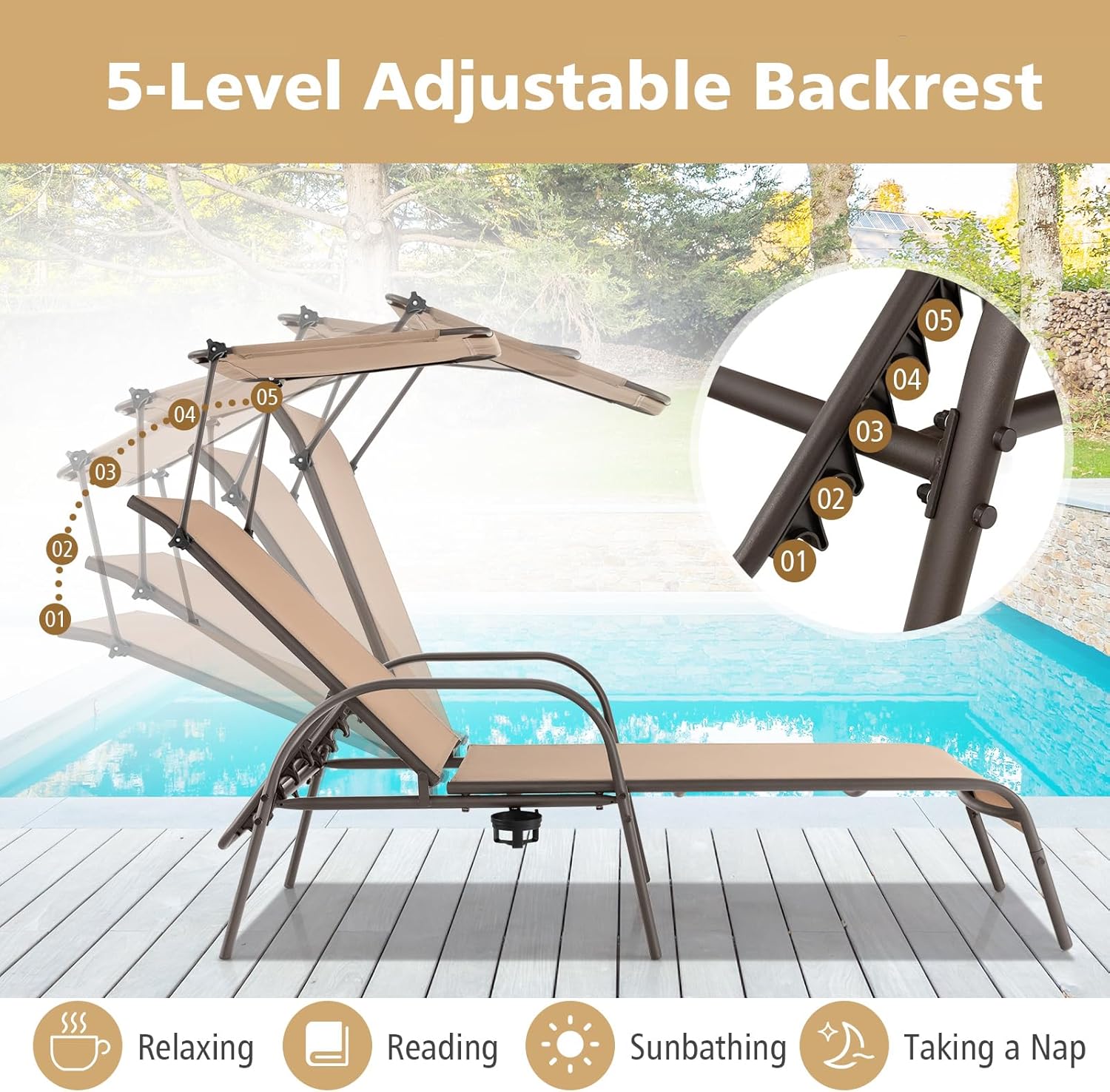 Brown Metal Outdoor Chaise Lounge with Adjustable Canopy and Cup Holder