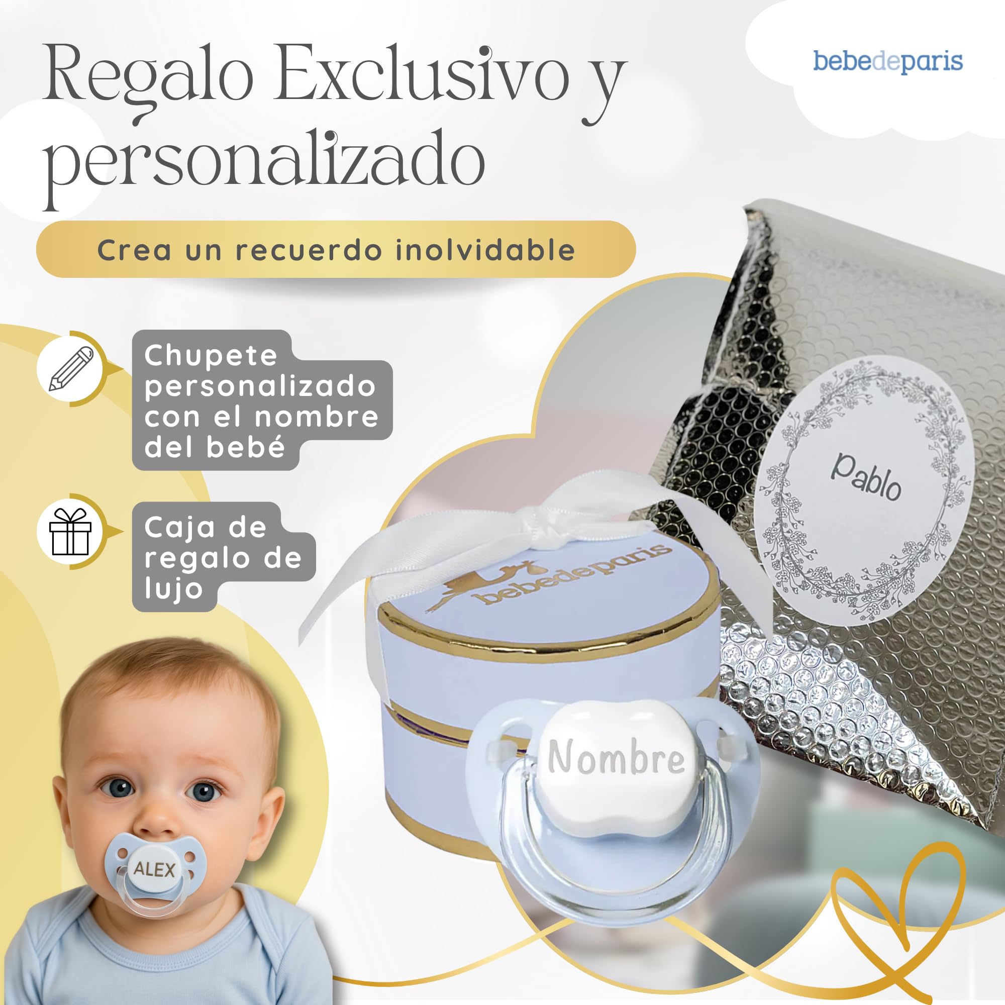 Chupete Personalizado 0 a 6 Meses con Nombre | Regalo Bebe Recien Nacido Niño | Tetina de Silicona Sin BPA | Suave Cómodo y Seguro | Presentado en Caja Regalo de Lujo (Azul) | BebeDeParis