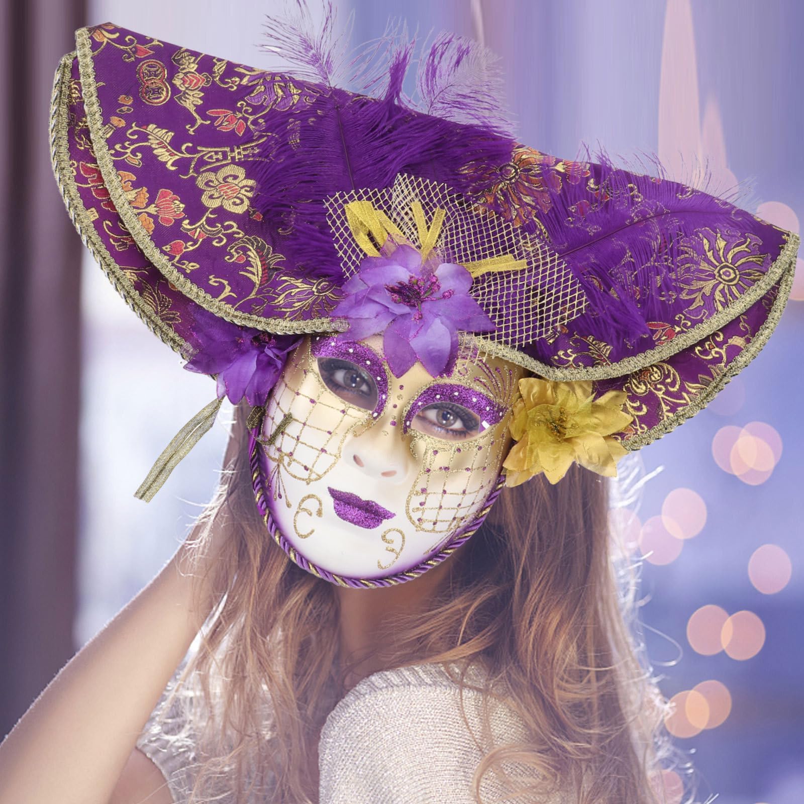 Amosfun Máscara Veneciana de Plástico para Mujer Diseño de Cara Completa y Sombrero Grande, Adecuado para Bailes de Mascarada y Cosplay en Adultos