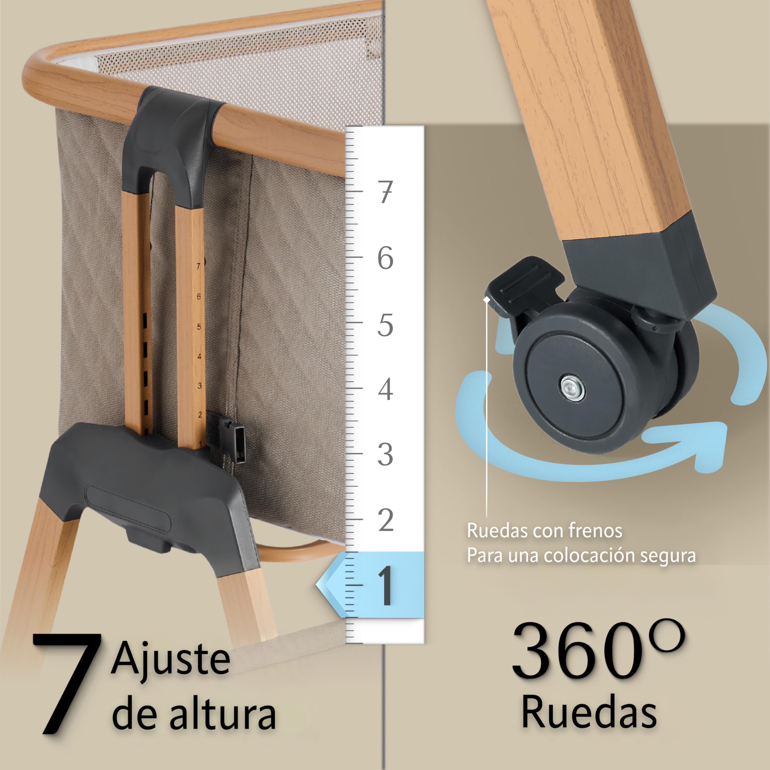 Love For Sleep SnooBee Next To Me Cuna Colecho & Cuna Independiente – 6 Niveles de Altura, Ruedas, colchón, Laterales de Malla Transpirable con mosquitera, Plegable con Bolsa (0–6 Meses) – Caqui/Pino