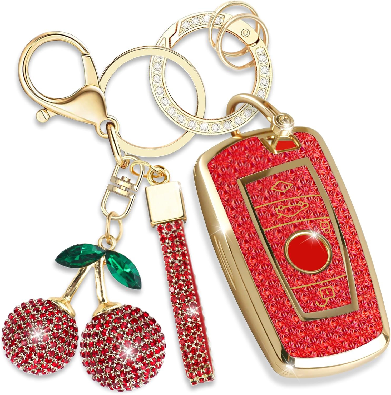 Sparkly Key Fob Cover with Cherry Keychain, Bling TPU Smart Key Case for Women, Compatible with BMW 2 5 6 7 X1 X2 X3 X5 X61 3 4 5 6 7 Series X3 X4 M5 M6 GT3 GT5(4-Button, Gold Red)