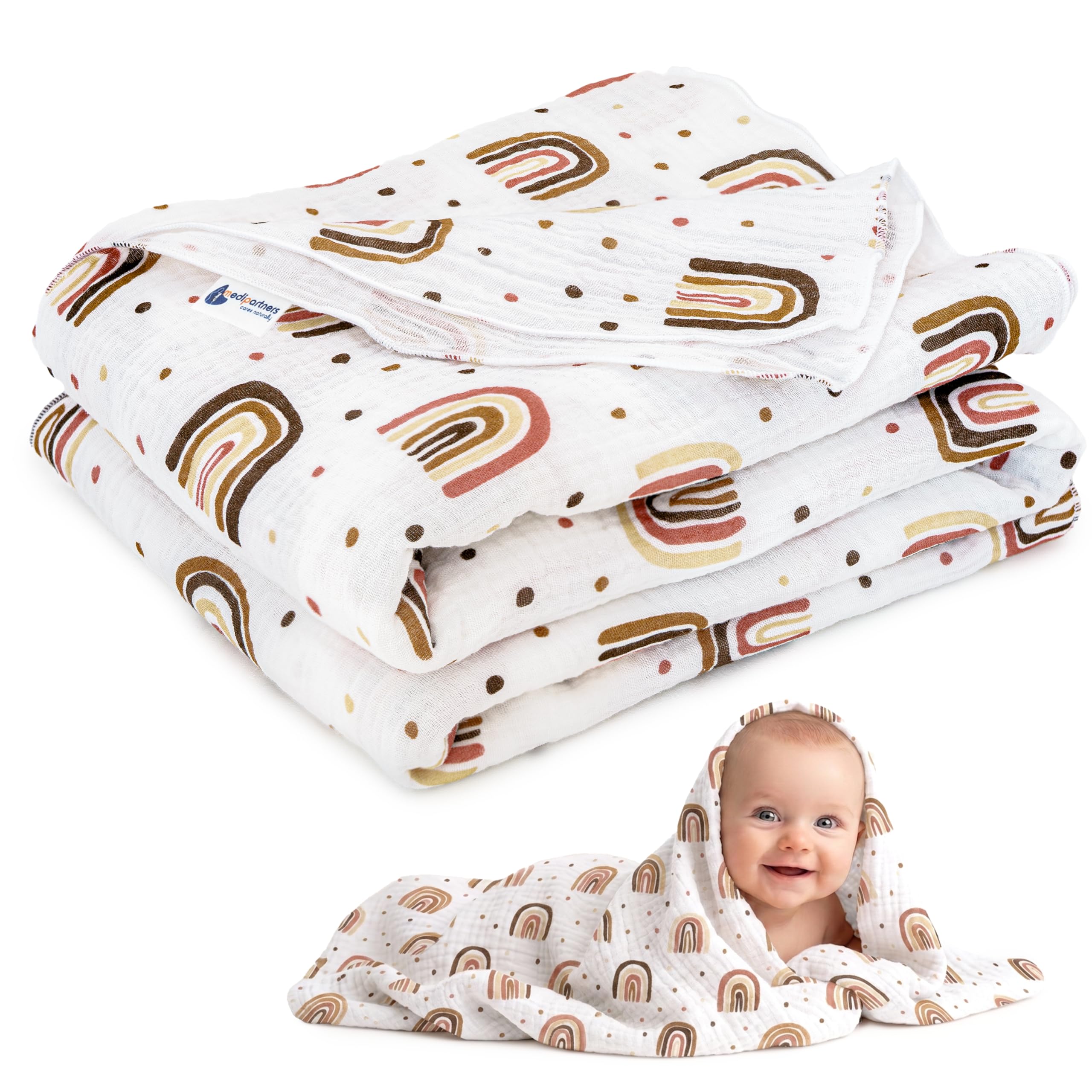 Medi Partners Muslin Baby Blanket 100 x 150 cm Baby Blanket Muslin Blanket Newborn - Thin Cuddly Blanket Summer Baby Blankets for Toddlers Crawling Blanket Children's Bed Pram (Rainbow)