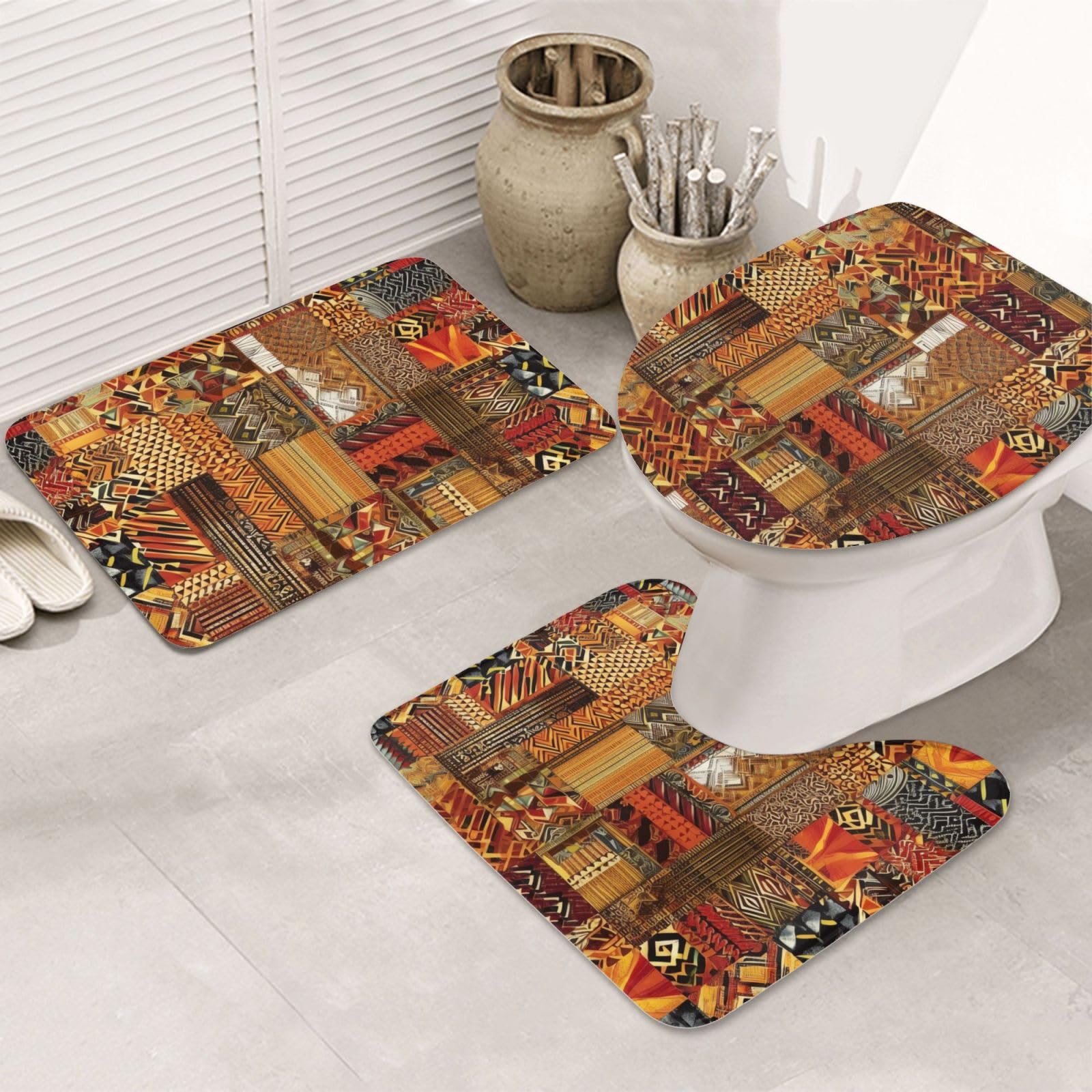 Tapis de bain en tissu africain VACSAX lot de 3 pièces avec contour et couverture WC
