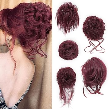 5 PCS Messy Bun Hair Piece for Women Scrunchies Ponytail Extension with Elastic Rubber Band Hair Pieces for Updos Fake Hair Buns Hair Piece Accessories Set for WomenRed