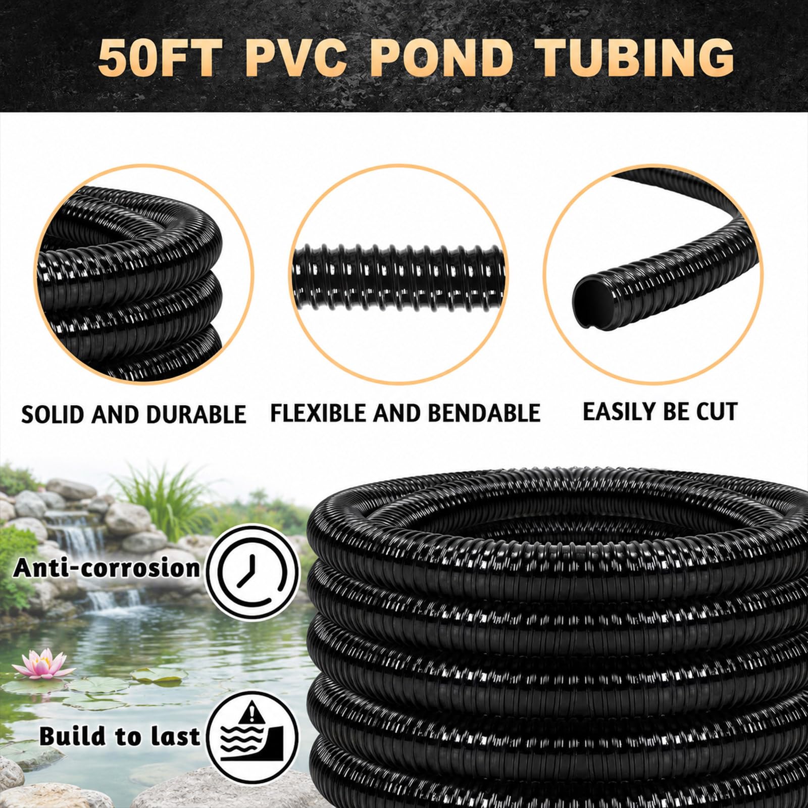 Frienda Manguera de agua flexible de PVC corrugado para jardín, estanque, cascada, 50 pies x 2 pulgadas