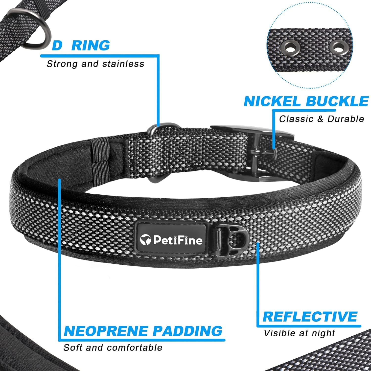 PetiFine Heavy Duty Dog Collar, Adjustable Soft Neoprene Padded Dog Collar with Metal Buckle, Reflective Belt Buckle Dog Collars for Small Medium Large Dogs (14.5''-19'', Black) : Pet Supplies