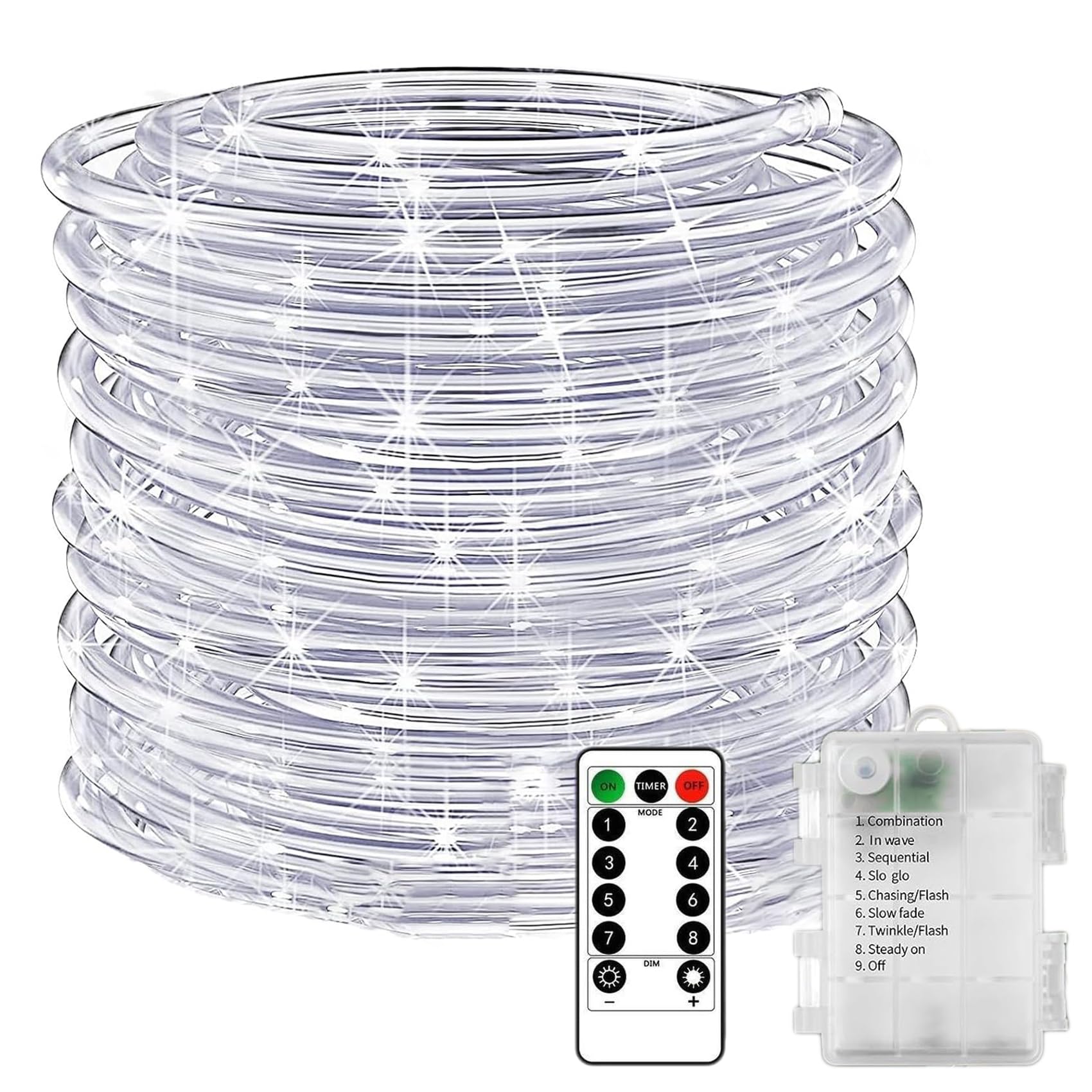 KINGCOO LED Rope Fairy Lights, Battery Operated Tube String Lights with Remote Control Timer 8Modes for Trampoline Camping Tent Indoor Outdoor Garden Wedding Christmas Decor (White, 20M 200LED)