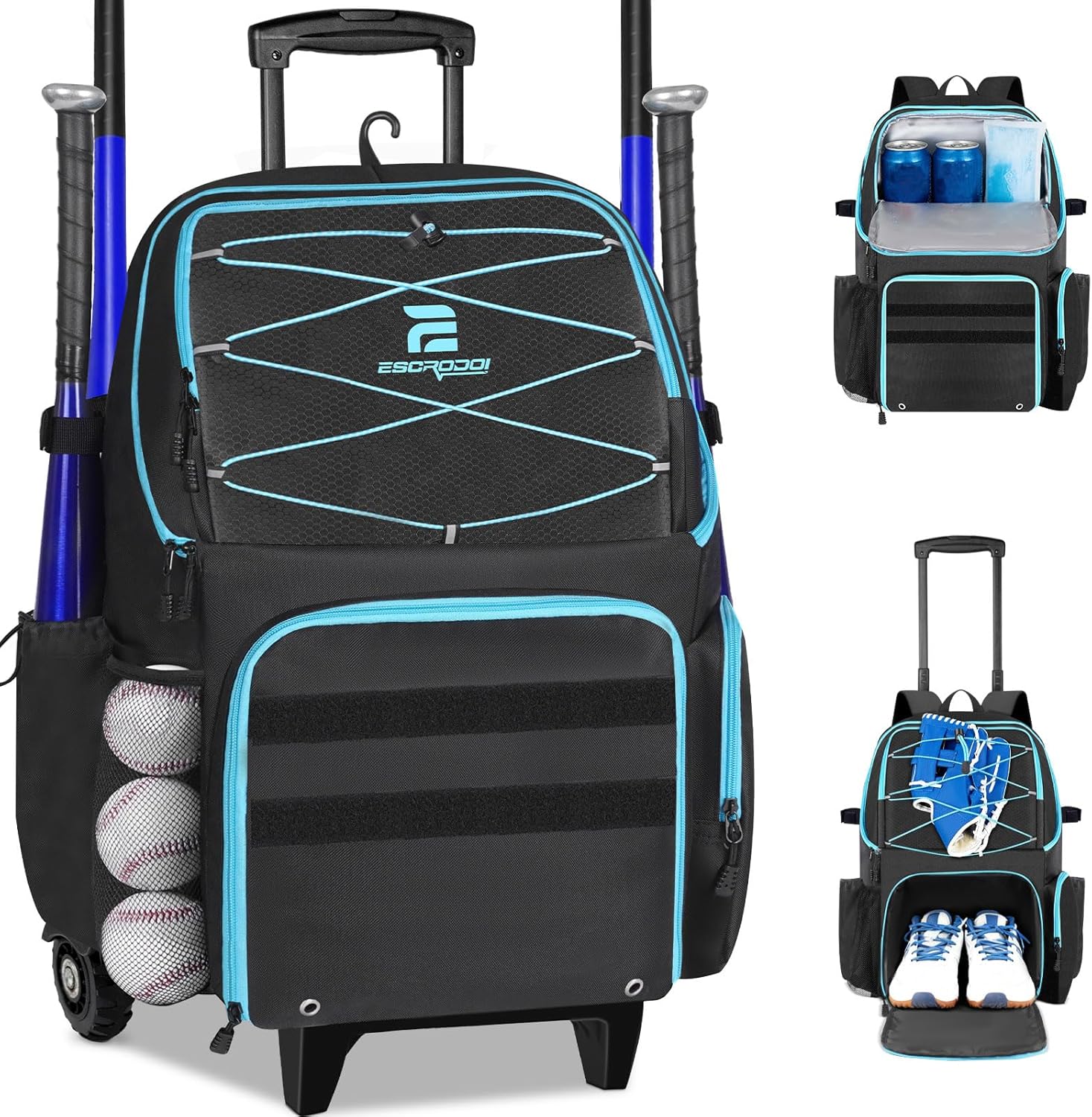 Rolling Baseball Bag with Detachable Wheels, Youth Baseball Backpack Holds 4 Bats with Shoe Compartment&Cooler, Baseball & Softball Equipment Bags with Multiple Pockets for Baseball Gear