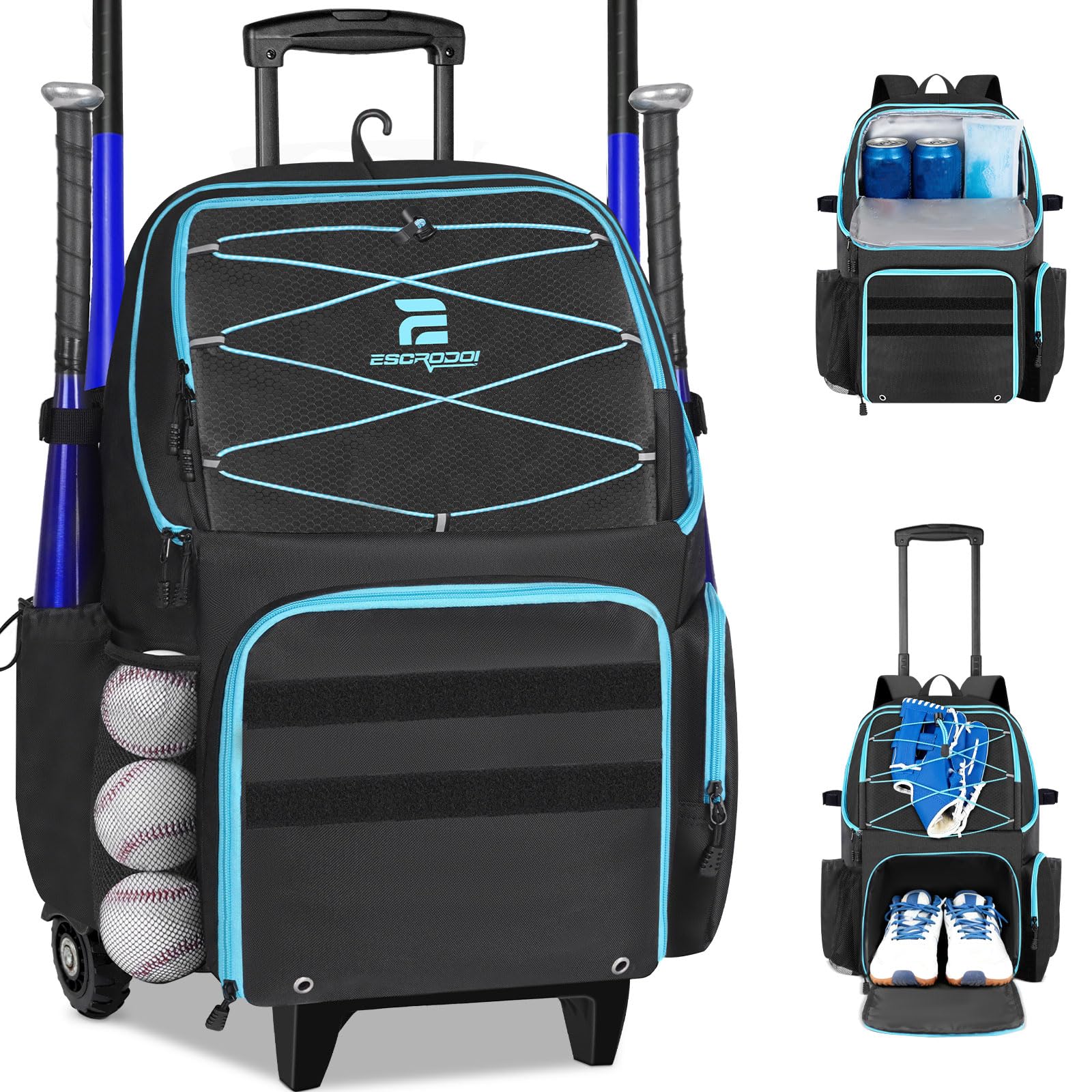 Rolling Baseball Bag with Detachable Wheels, Softball Backpack | Youth Baseball Backpack Holds 4 Bats with Shoe Compartment&Cooler, Baseball Catchers Gear Bag
