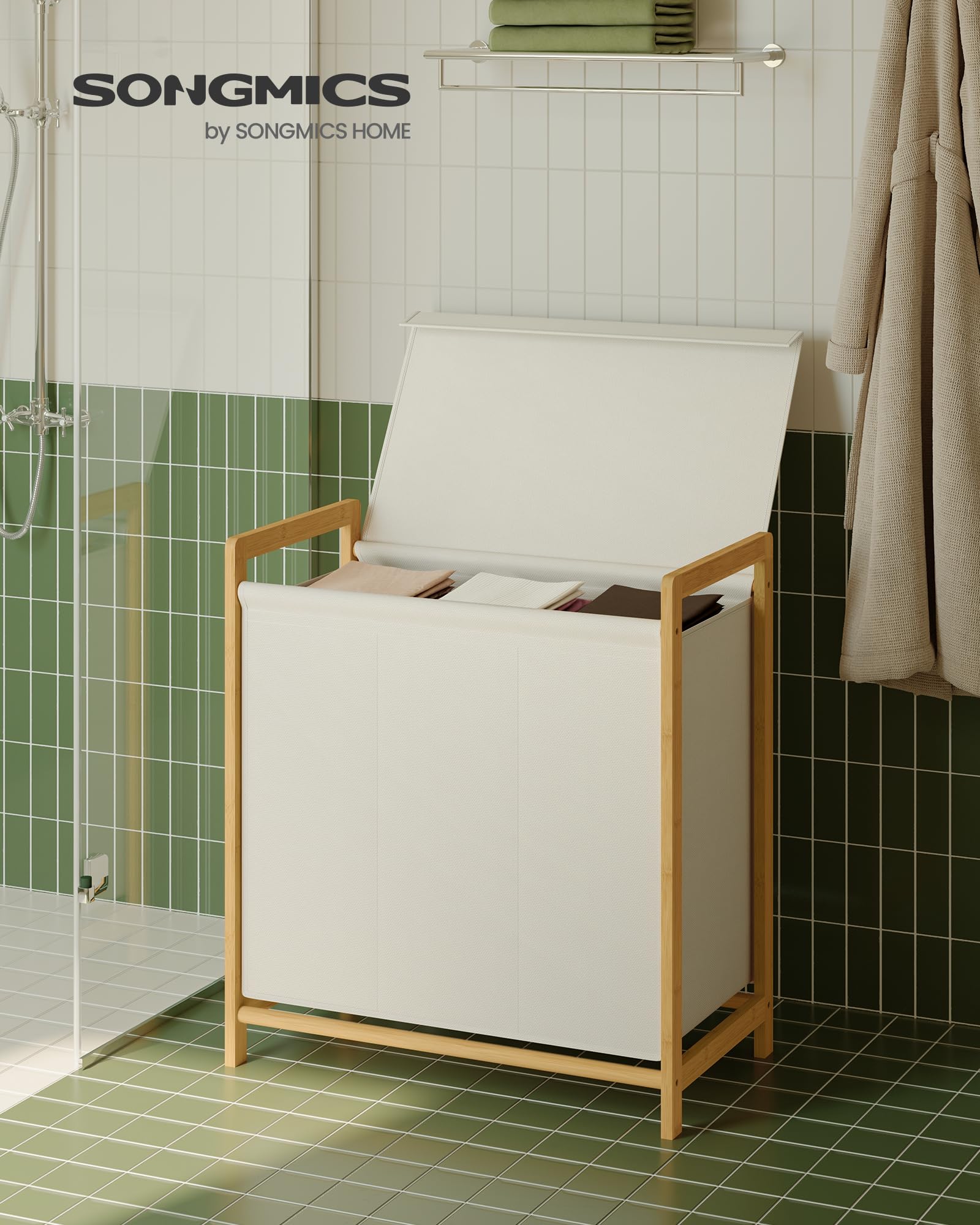 SONGMICS Panier à Linge 3 Compartiments, Corbeille à Linge Sale, Structure en Bambou, Couvercle Renforcé et Amovible, Sac Amovible, 150 L, Blanc Crème RLH103WD01