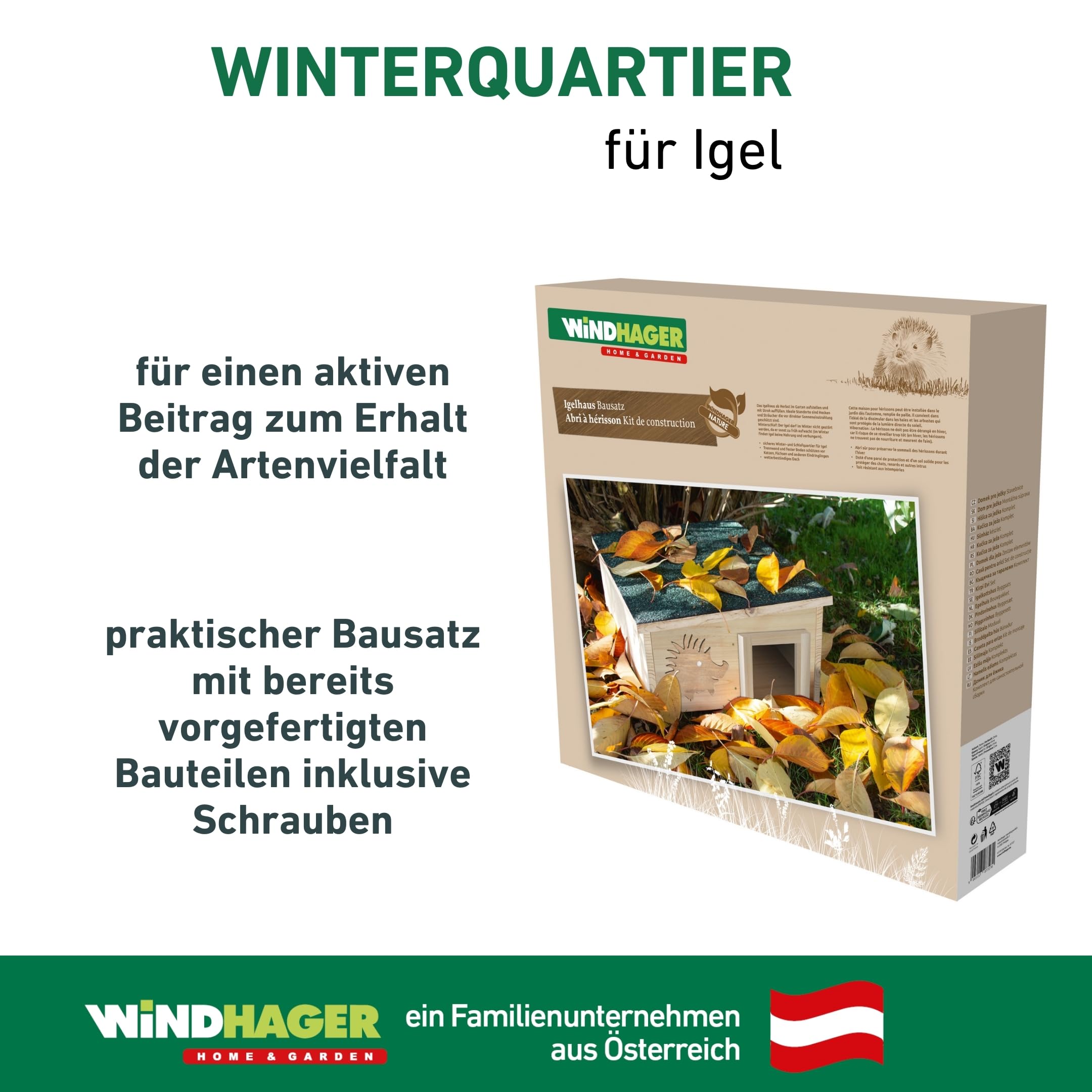 Windhager Igelhaus Bausatz aus Massivholz | Igelfutterhaus, Igelhäuschen, Igelhotel mit abnehmbarem Dach, Winter- und Schlafquartier für Igel, 40 x 40 x 19 cm | FSC Zertifiziert | wetterfest