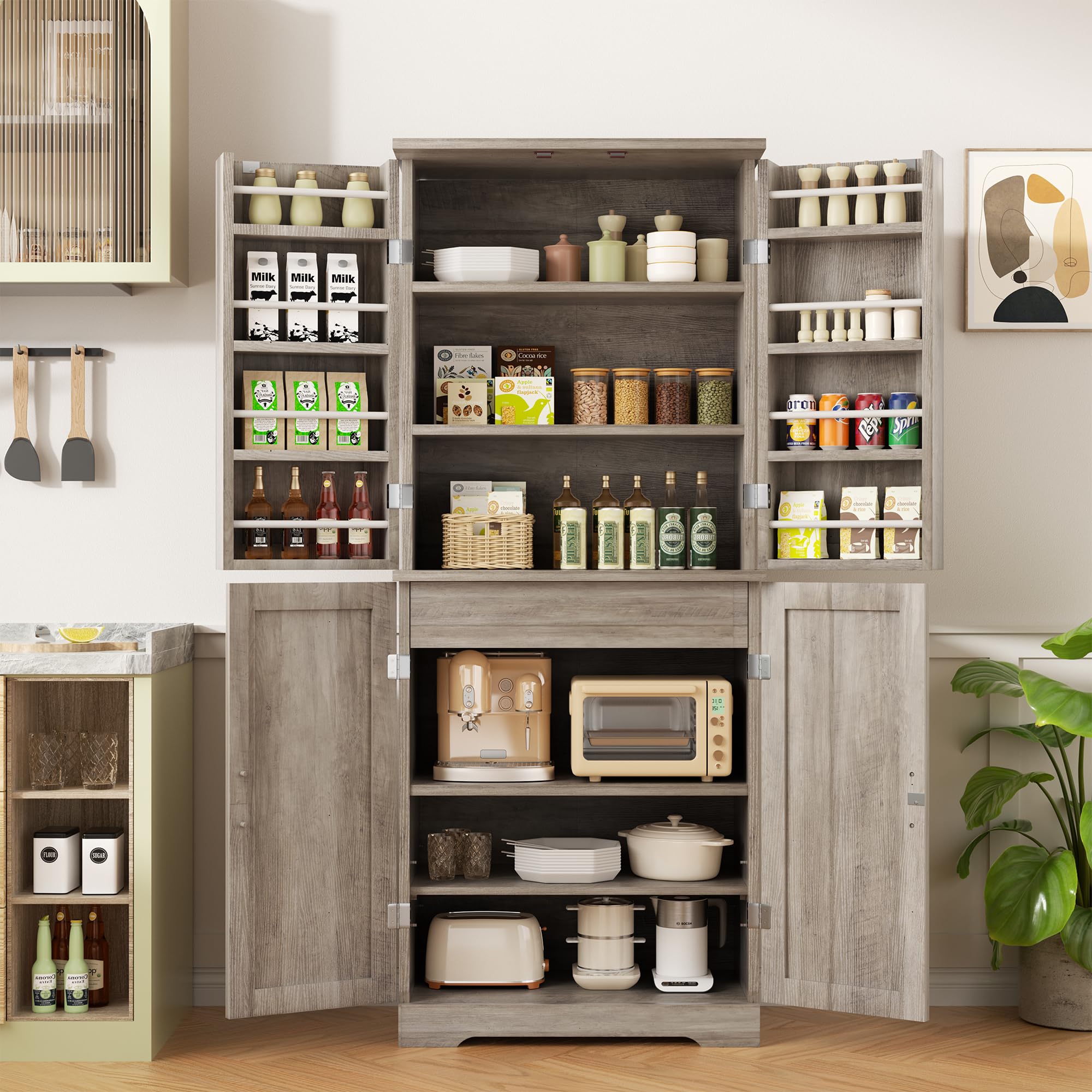 Shintenchi Kitchen Pantry Cabinet, Farmhouse Tall Cupboard, Ash Gray