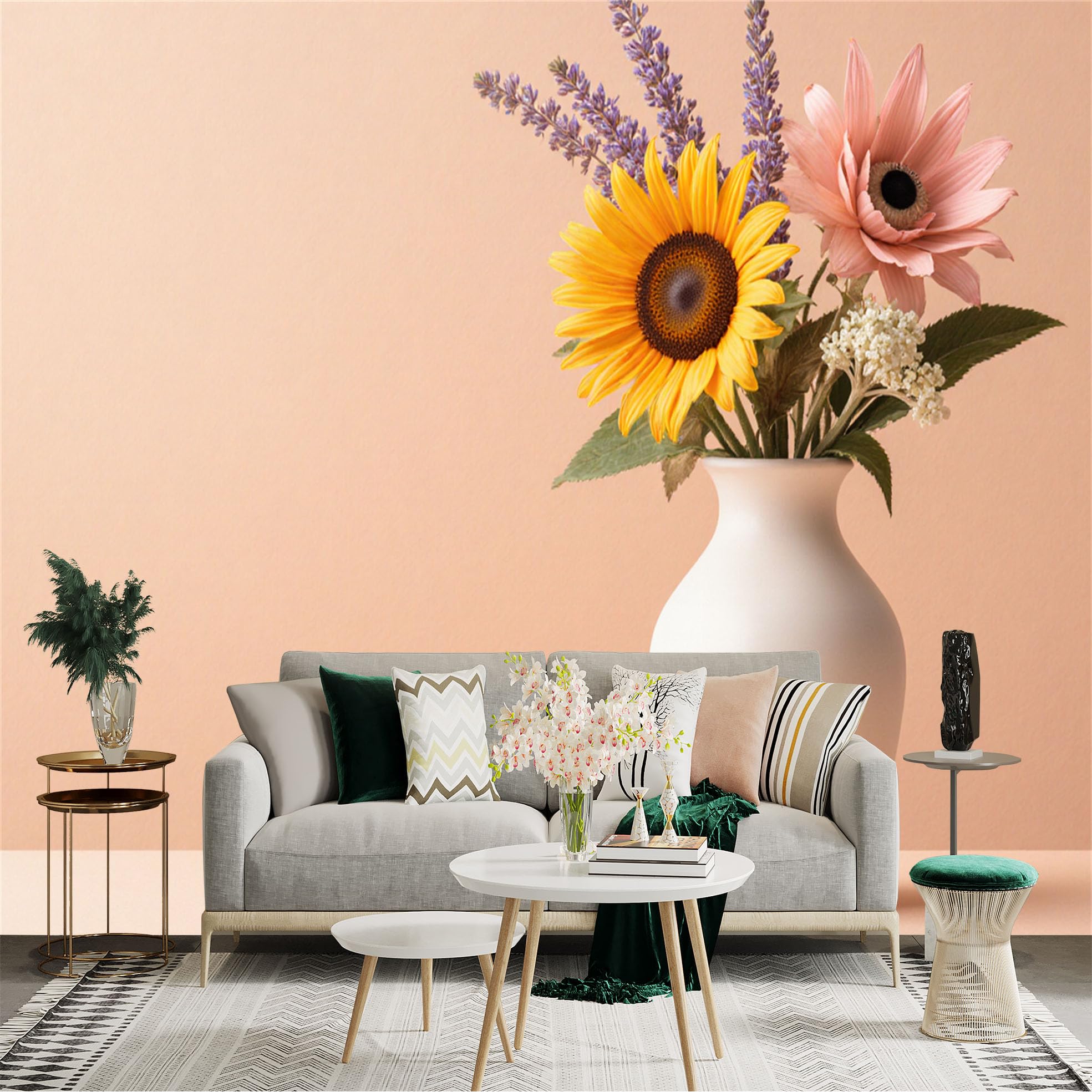Custom Size Wall Sticker Mural， Bouquet of Sunflowers and Pink Flowers in a White Vase， Minimalist Floral Art， for wall Decoration， peelandstick wall Decals.