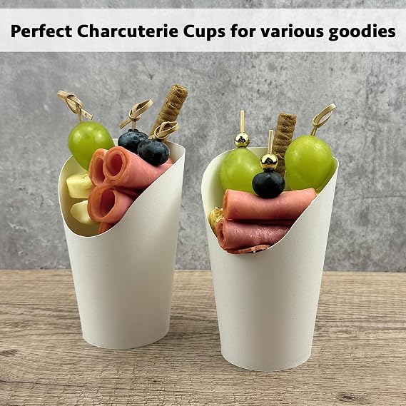 CAMKYDE 50 Pcs Disposable White Charcuterie Cups, 12oz French Fries Holder French Fry Cups for all Occasions (12oz, White)
