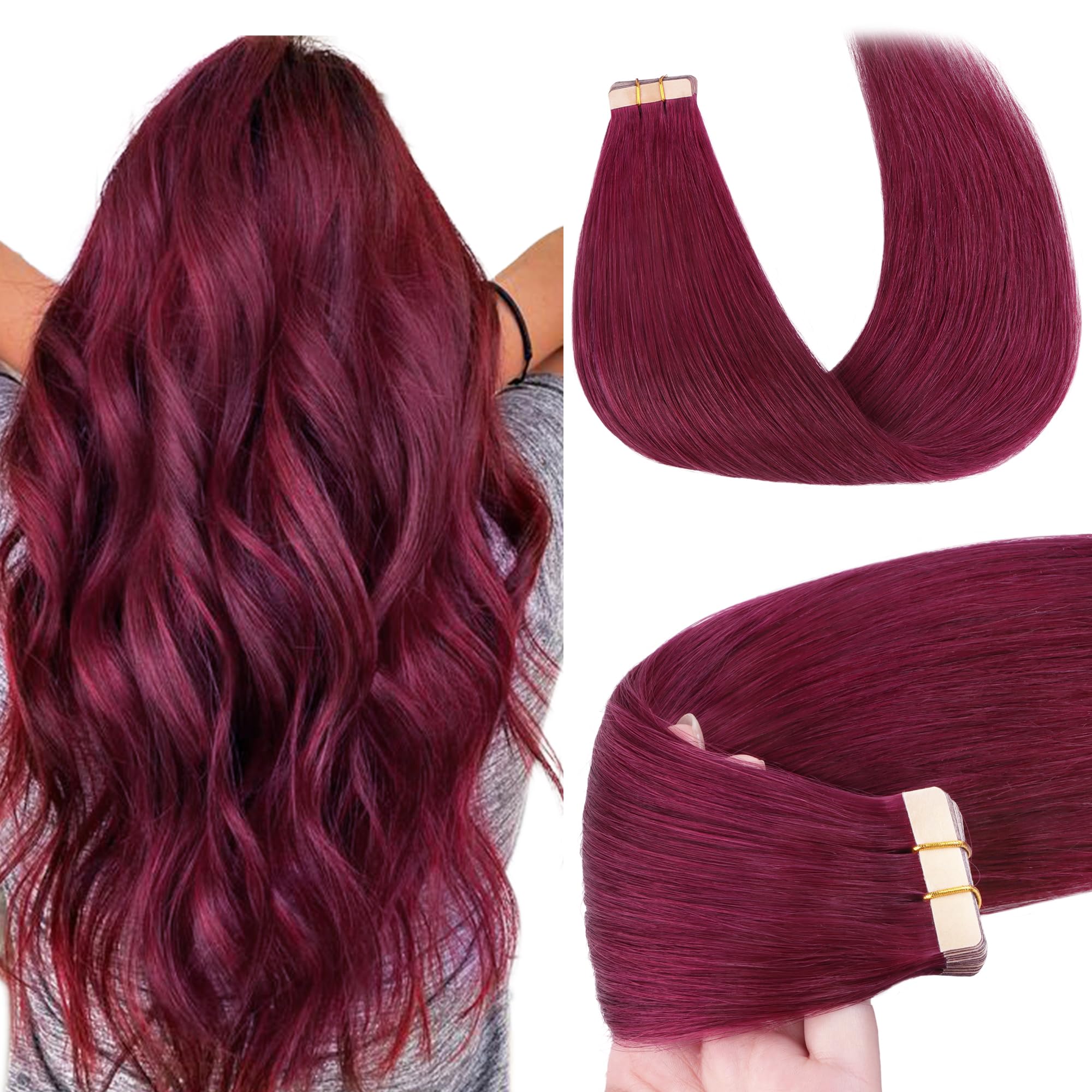 GOO GOO Tape in Hair Extensions Human Hair, Burgundy, 14inch 50g 20pcs, Skin Weft Seamless Invisible, Silky Straight with Thick Ends, Remy Human Hair