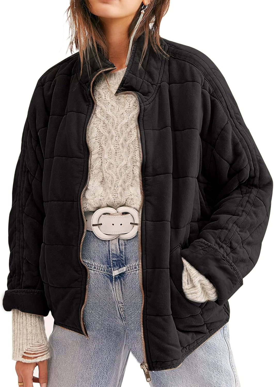 Womens Dolman Quilted Lightweight Jackets Full-zip Stand Collar Loose Warm Winter Outwears with Pockets