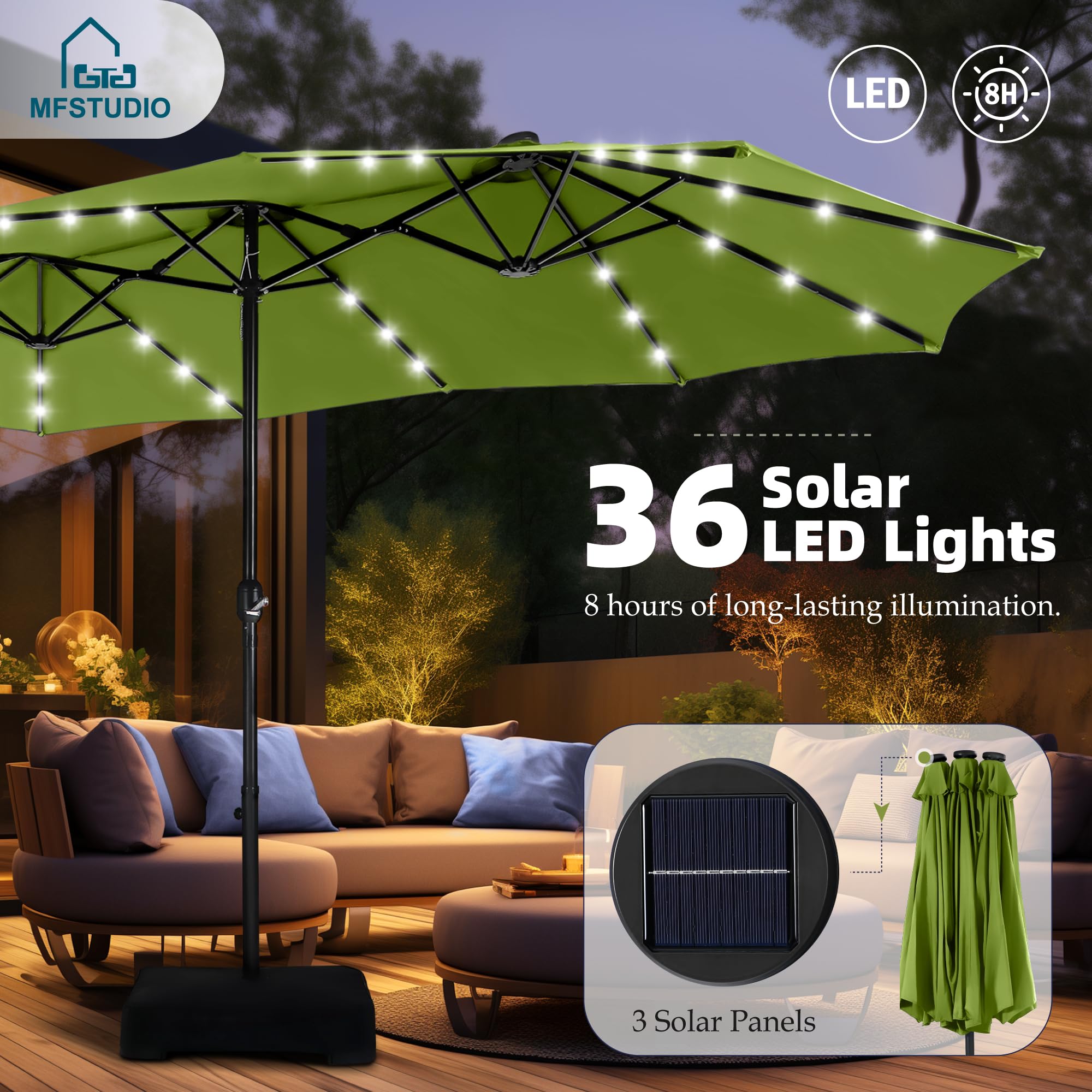 MFSTUDIO 15ft Double Sided Patio Umbrella with Solar Lights, Outdoor Large Umbrellas with Crank Handle and 36 LED Lights, Rectangular Market Umbrella with Base Included for Deck Pool Shade, Lime Green