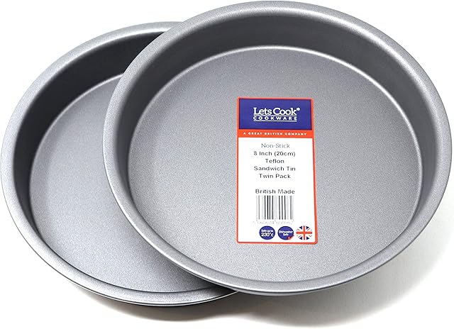 8 Inch Victoria Sandwich Tin Twin Pack, Fixed Base, 20cm, British Made with Teflon Non Stick by Lets Cook Cookware