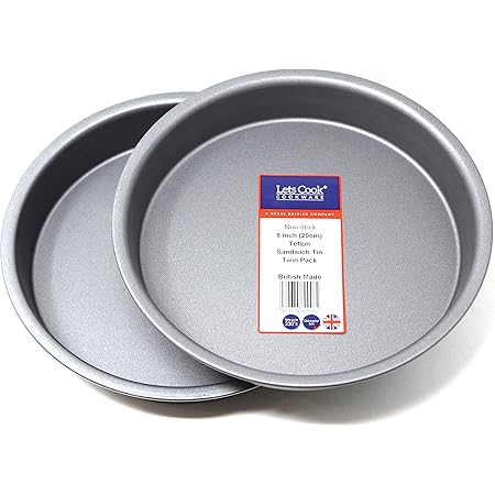 Lets Cook Cookware 8 Inch Victoria Sandwich Tin Twin Pack, Fixed Base, 20cm, British Made with Teflon Non Stick