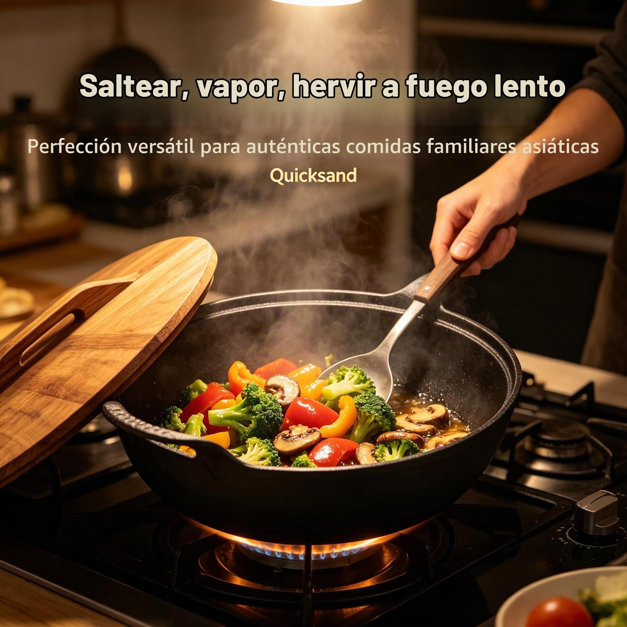 Sartén Wok con Tapa, Wok de Hierro Fundido con 2 asas, Tapa de Madera, sartén con Base Plana, sin Revestimiento, para saltear, Parrilla, Vapor, auténtica Comida China (20cm)