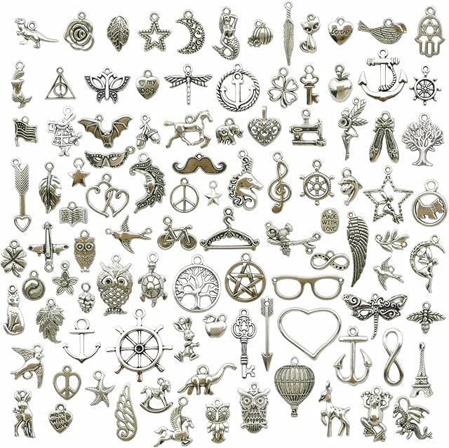 100 Pieces Tibetan Silver Charms, DIY Mixed Silver Pendants,Necklaces Bracelets Earrings Jewelry Accessories, Craft Supplies