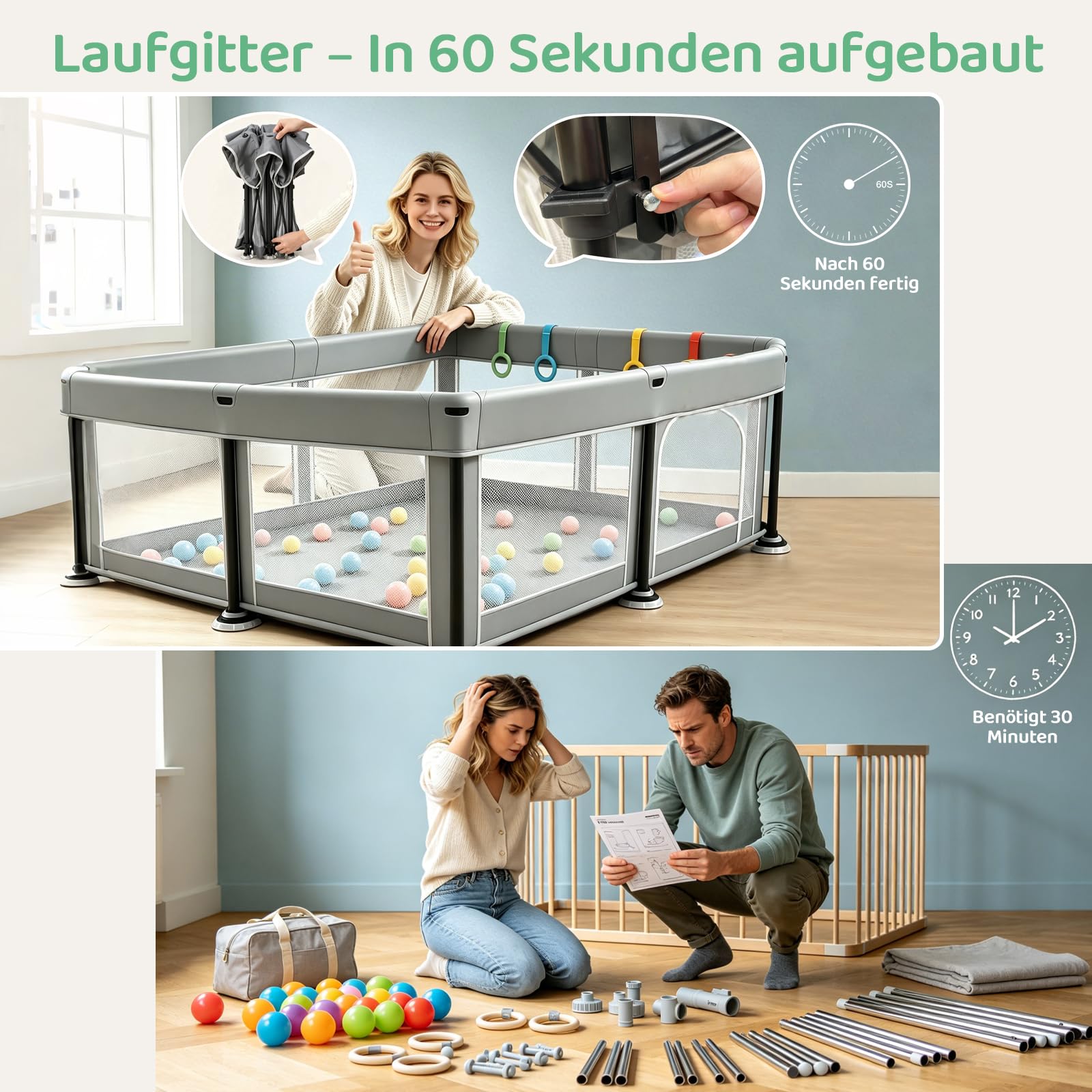 Laufstall Baby Faltbar Laufgitter Playpen, 125*125cm Faltbarer Kinder Play Pen Gitter mit Reißverschlusstür & Starker Saugnapf | Drinnen & Draußen Tragbares Babyzaunn | Quick 60s Pop up (Dunkelgrau）