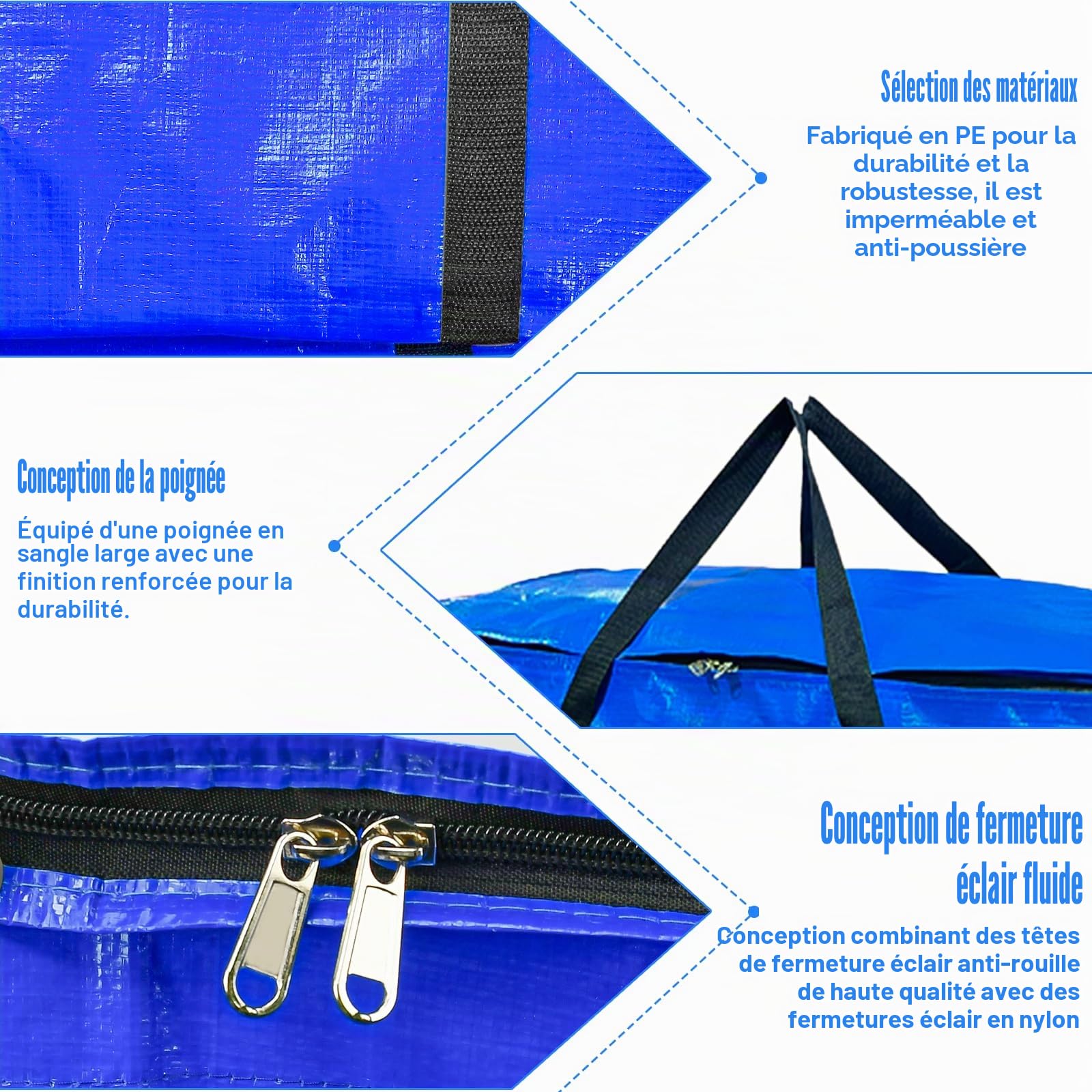 LAMAPA 4Pcs Sacs de Rangement XXL 100L Sac de Déménagement Sac Rangement Vetements avec Couvercles et Poignées Renforcées Housse de Rangement Sac Grand Format pour Déménagement et Voyage, Bleu&Noir